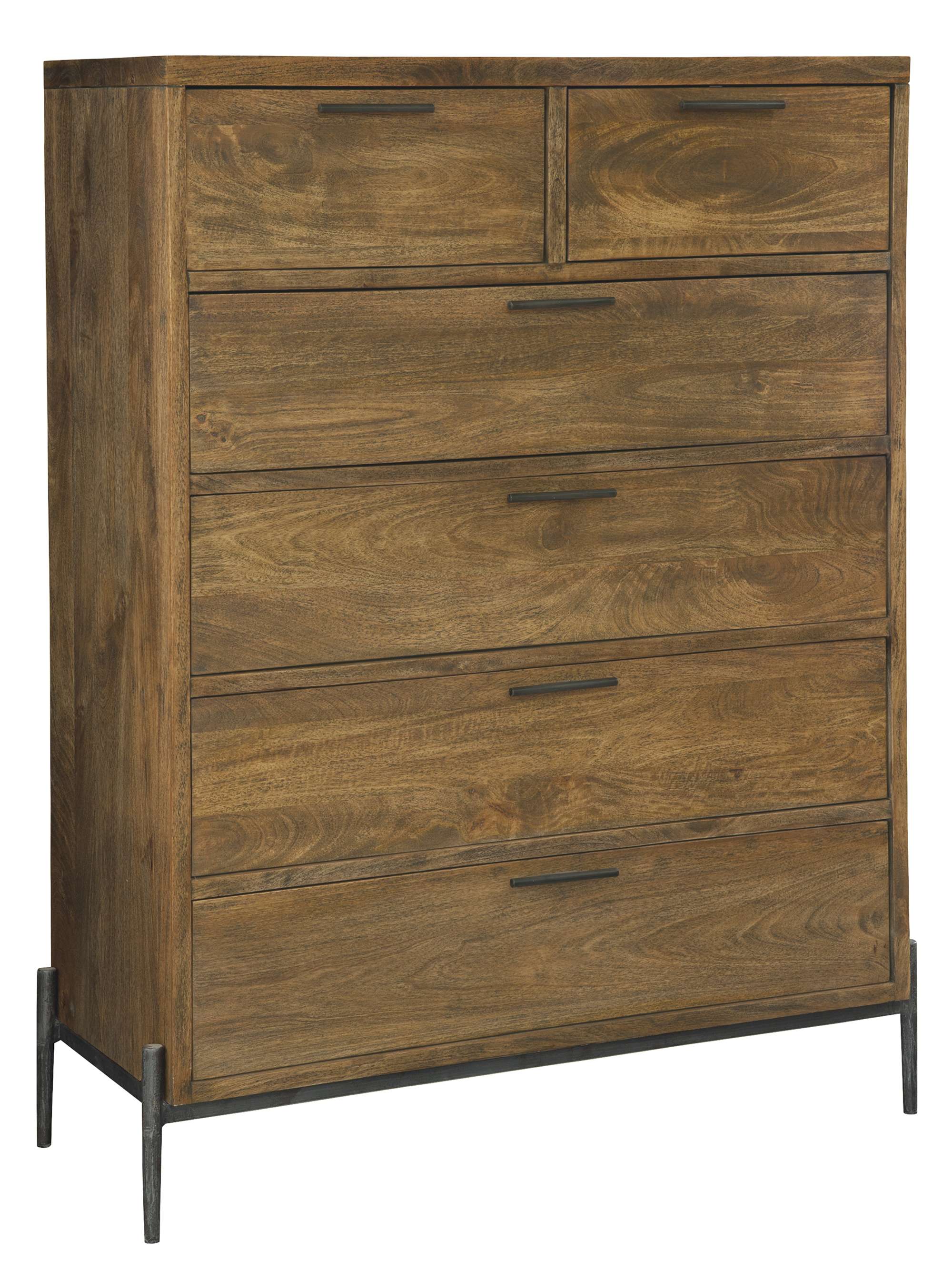 Bedford Park bedroom chest with mango wood solids, six soft-close drawers, forged iron base and hardware, Bedford finish
