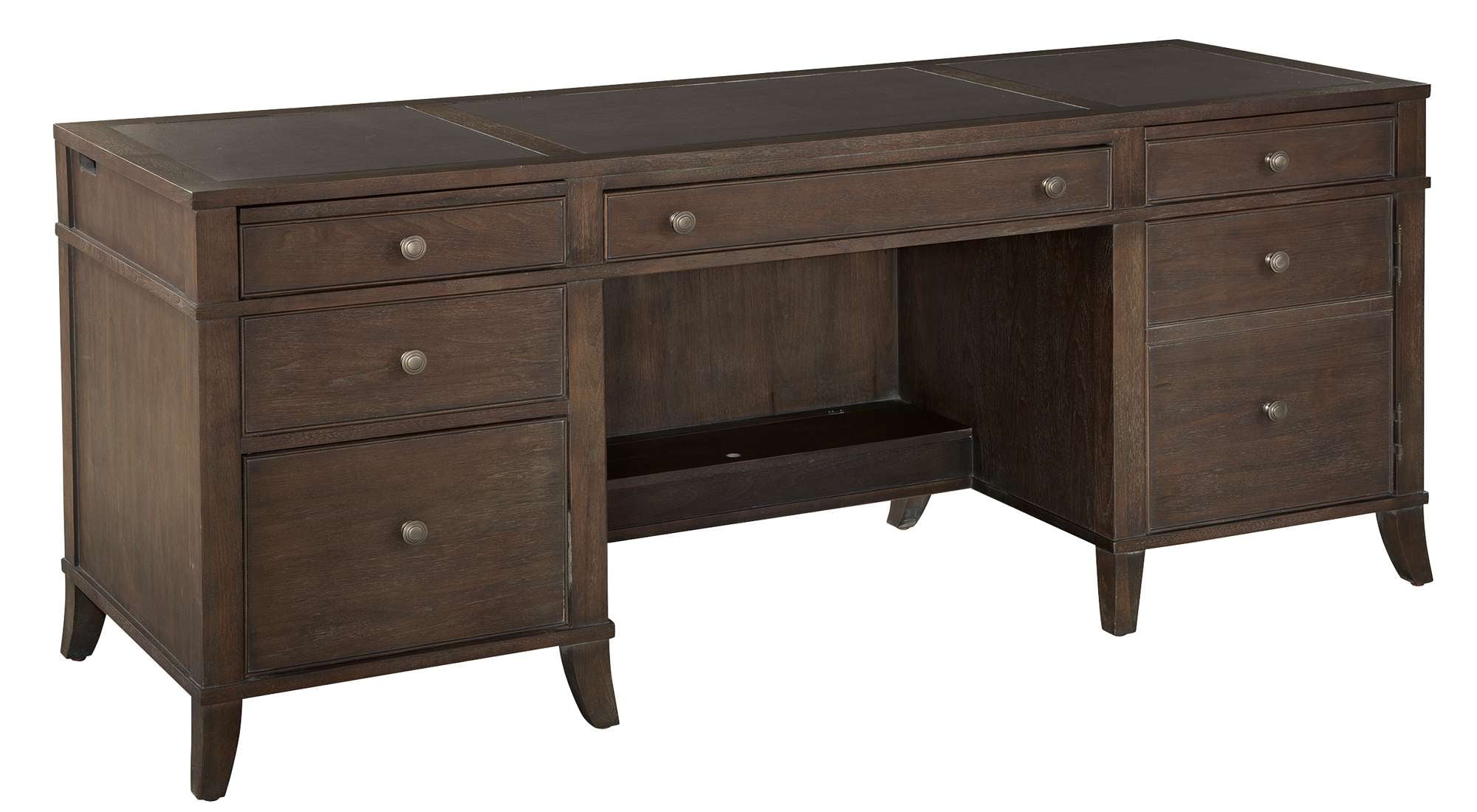 Urban Executive Credenza with three wood-framed leather panel work surface, select veneer, solids, wire management, and brushed nickel hardware