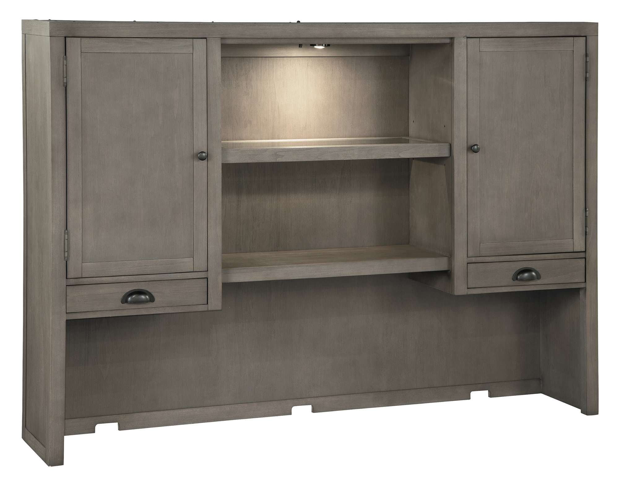 Executive Desk hutch with poplar wood, two doors with adjustable shelves, two drawers, and illuminated open center shelf