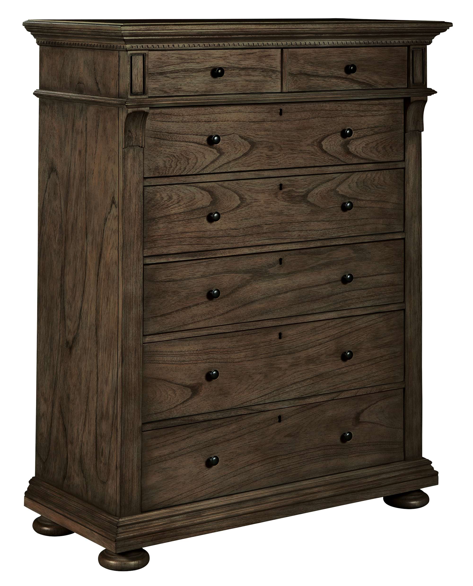 Wellington Estates bedroom chest with mindi veneers and solids, six drawers, corbel support, dentil molding, and Java finish