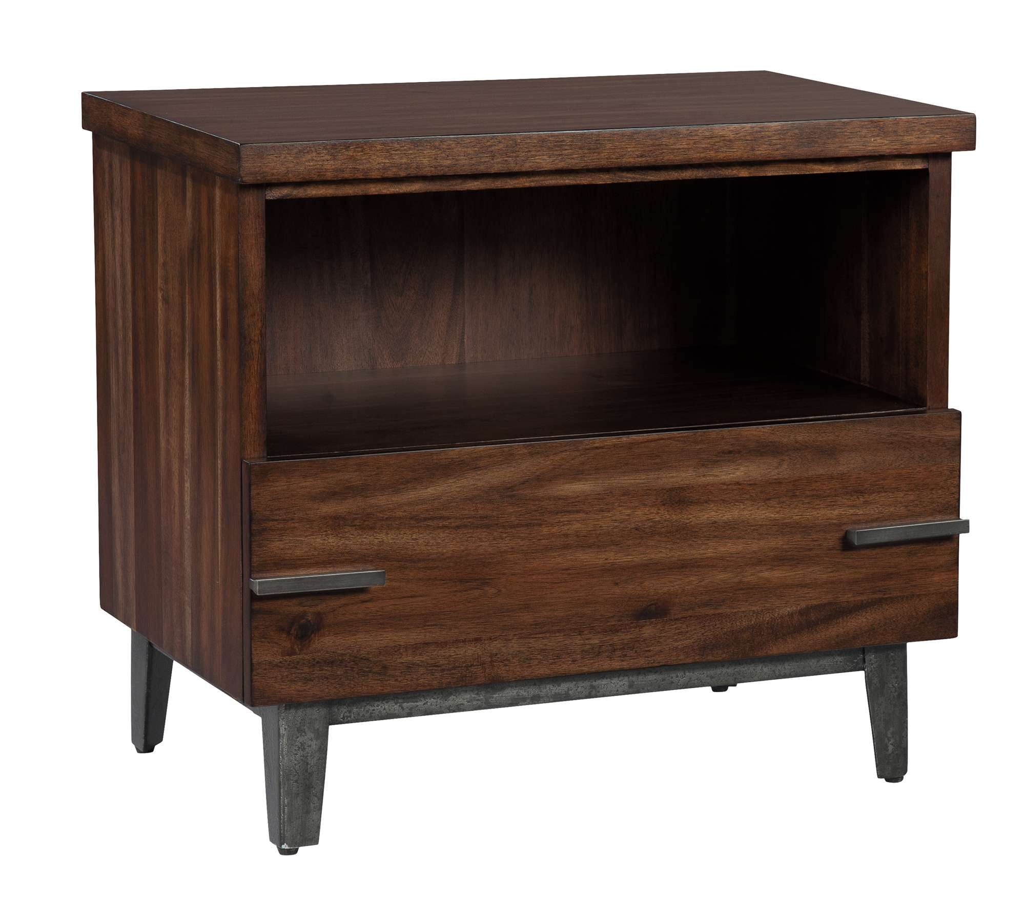 Monterey Point single drawer nightstand with 1.5" slab top, open storage, self-closing drawer, and metal tapered angle iron feet