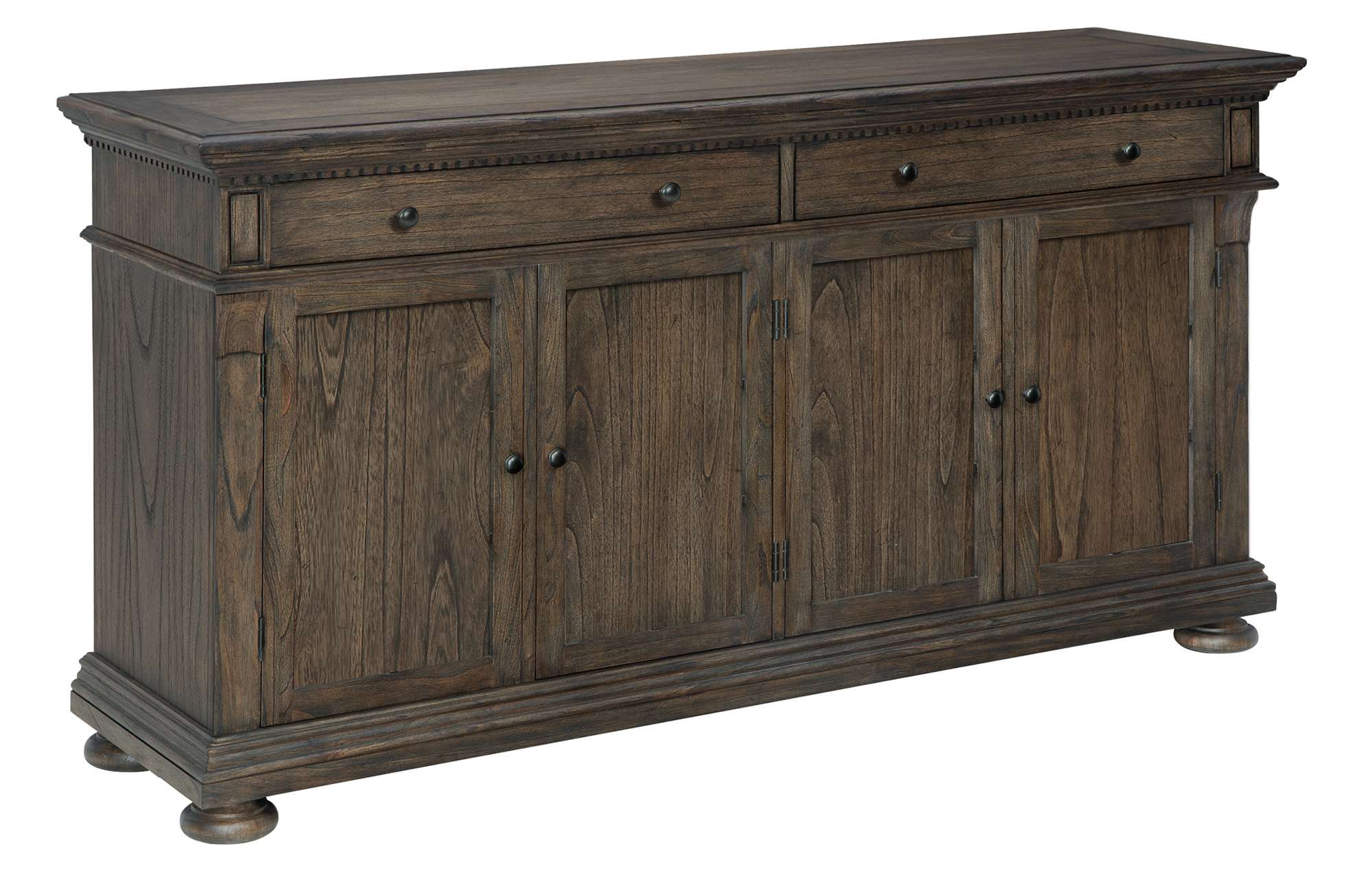 Wellington Estates dining buffet with mindi veneers and solids, two drawers, four doors, corbel supports, and rustic finish