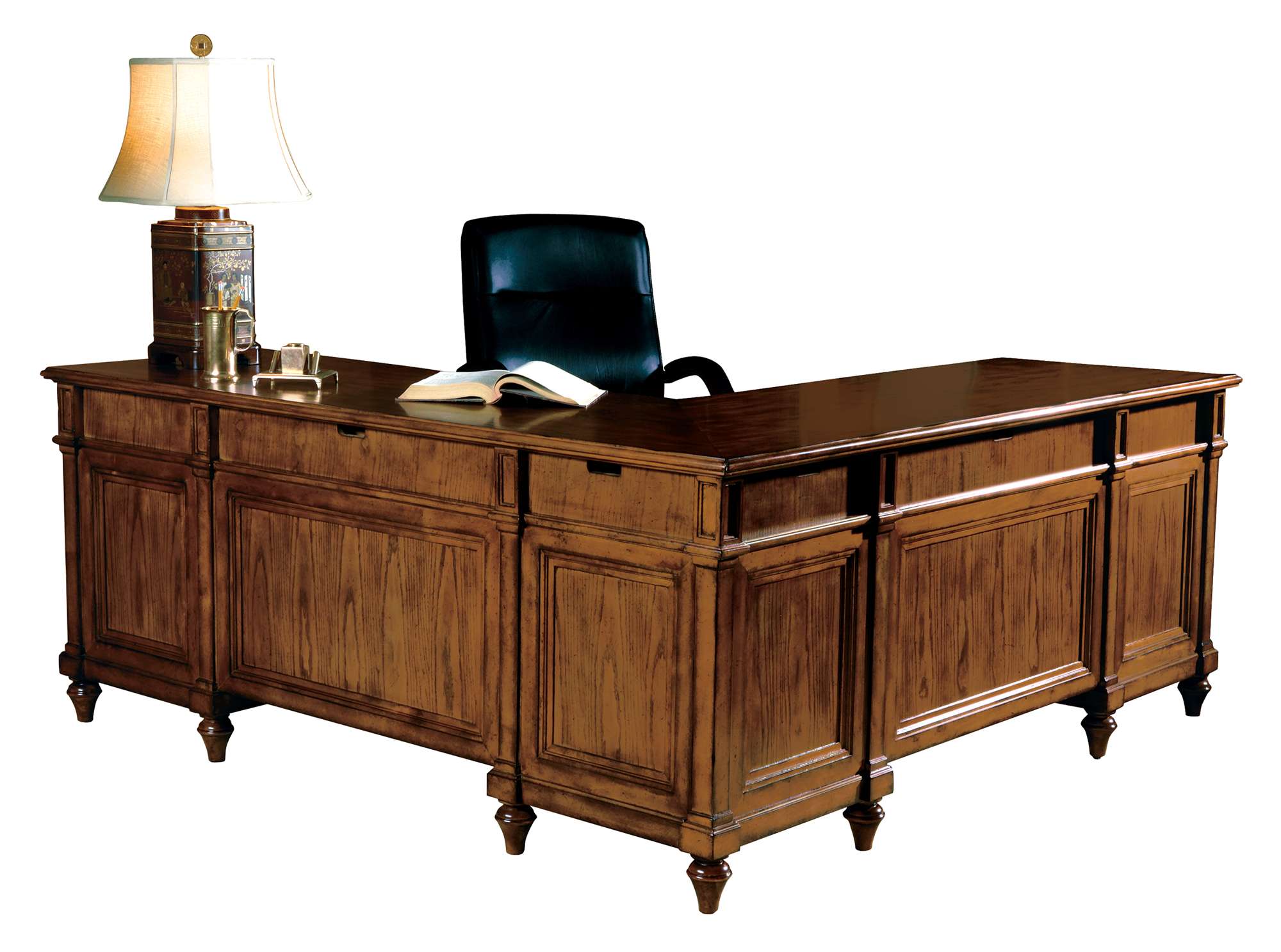 Urban Ash Burl Executive L-shaped desk with ash solids and veneers, drop-front drawer, keyboard pull-out, and veneer top