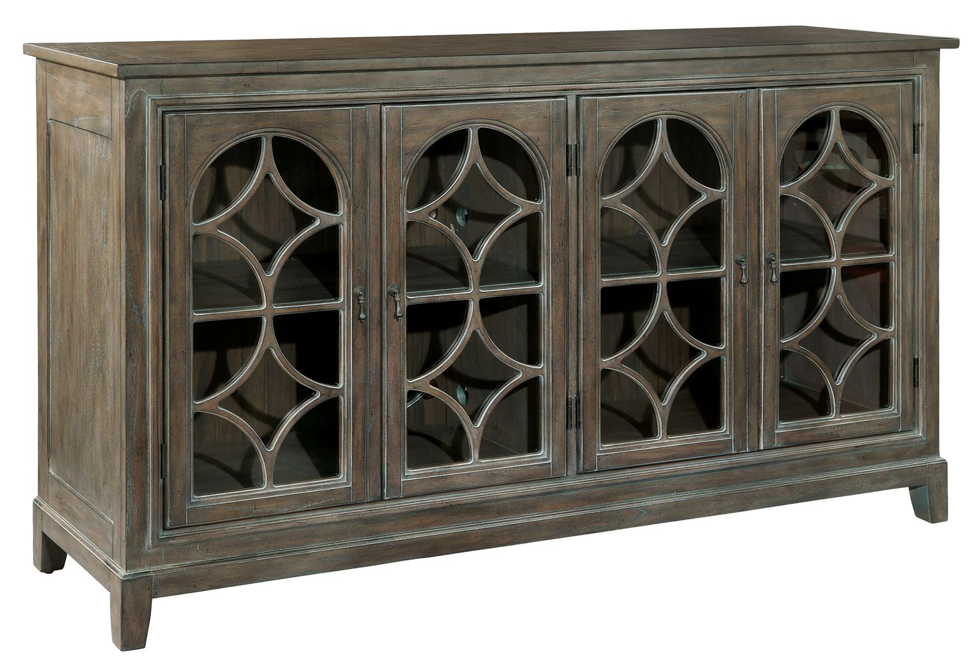 Entertainment console with four arched lattice overlay glass doors, interior shelves, and Special Reserve finish