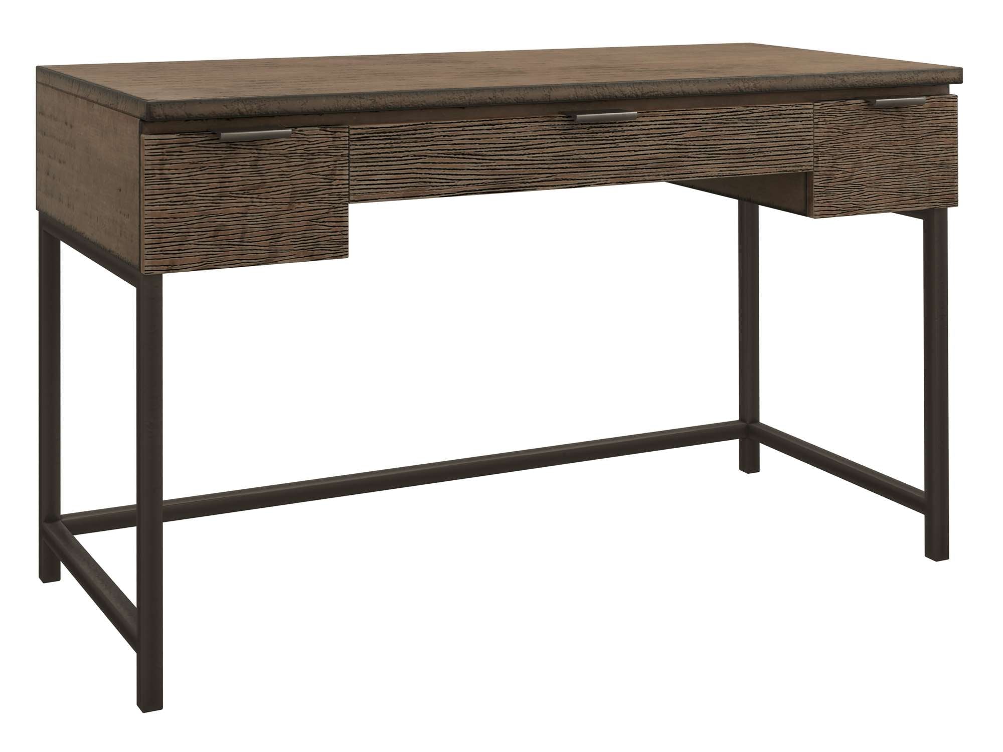 Organic Living Desk with three drawers, irregular reeded carving detail, warm wood finish, and black metal frame base