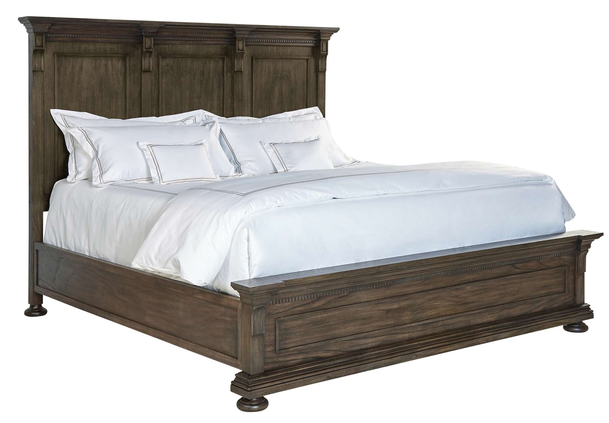 Wellington Estates queen panel bed with mindi veneers and solids, dentil molding, break front headboard, and Java finish