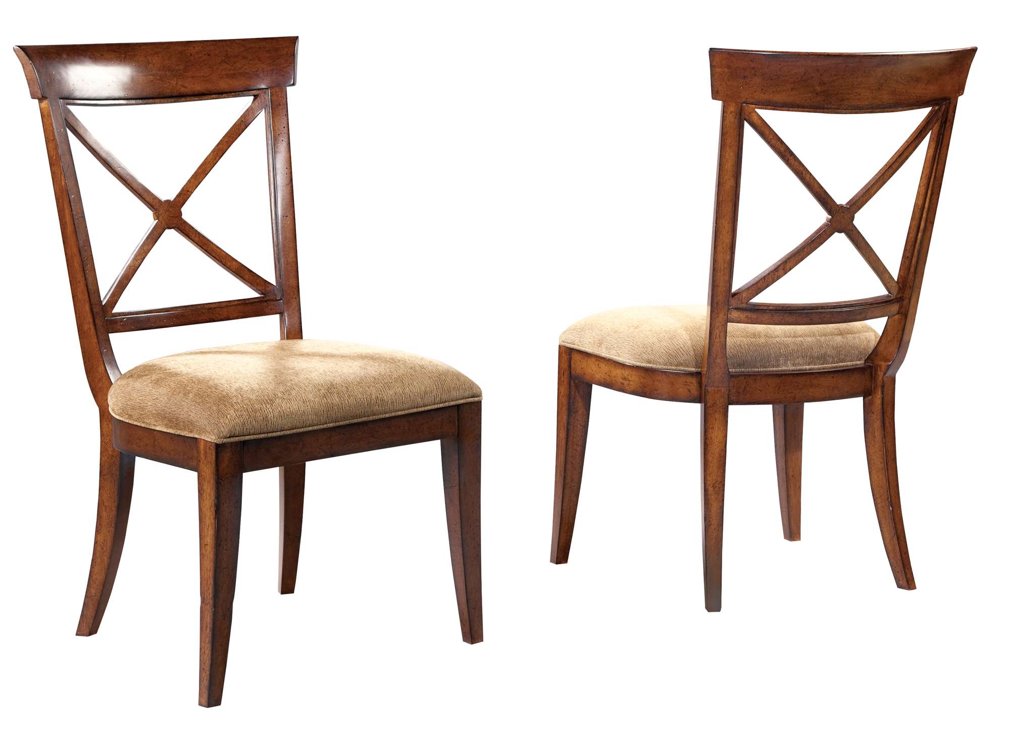 European Legacy dining side chair with rustic American cherry veneers, golden velvet slip seat, and macadamia finish