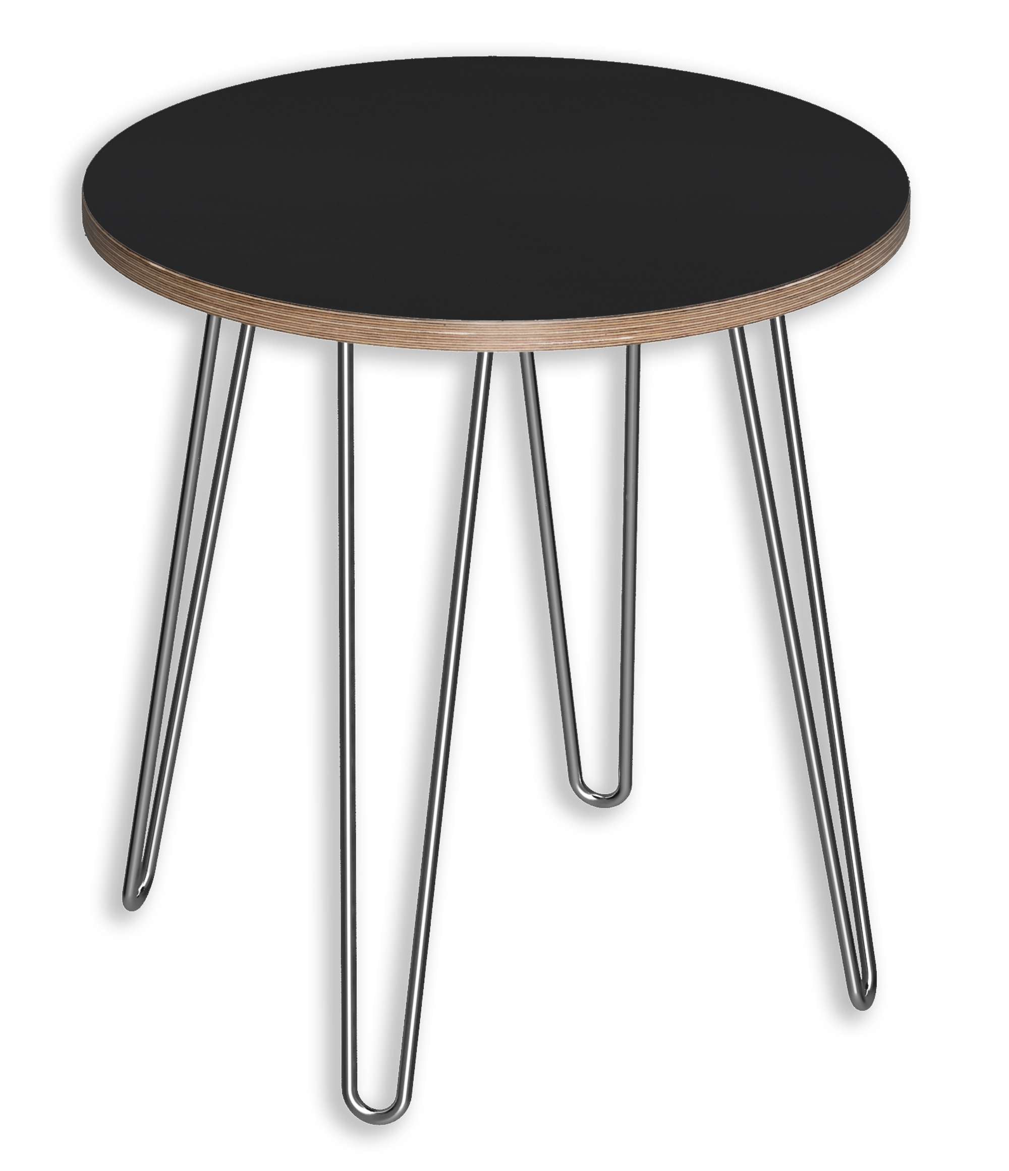 Round end table with matte black DesignerPly top, multi-ply grain edges, and four sleek metal hairpin legs