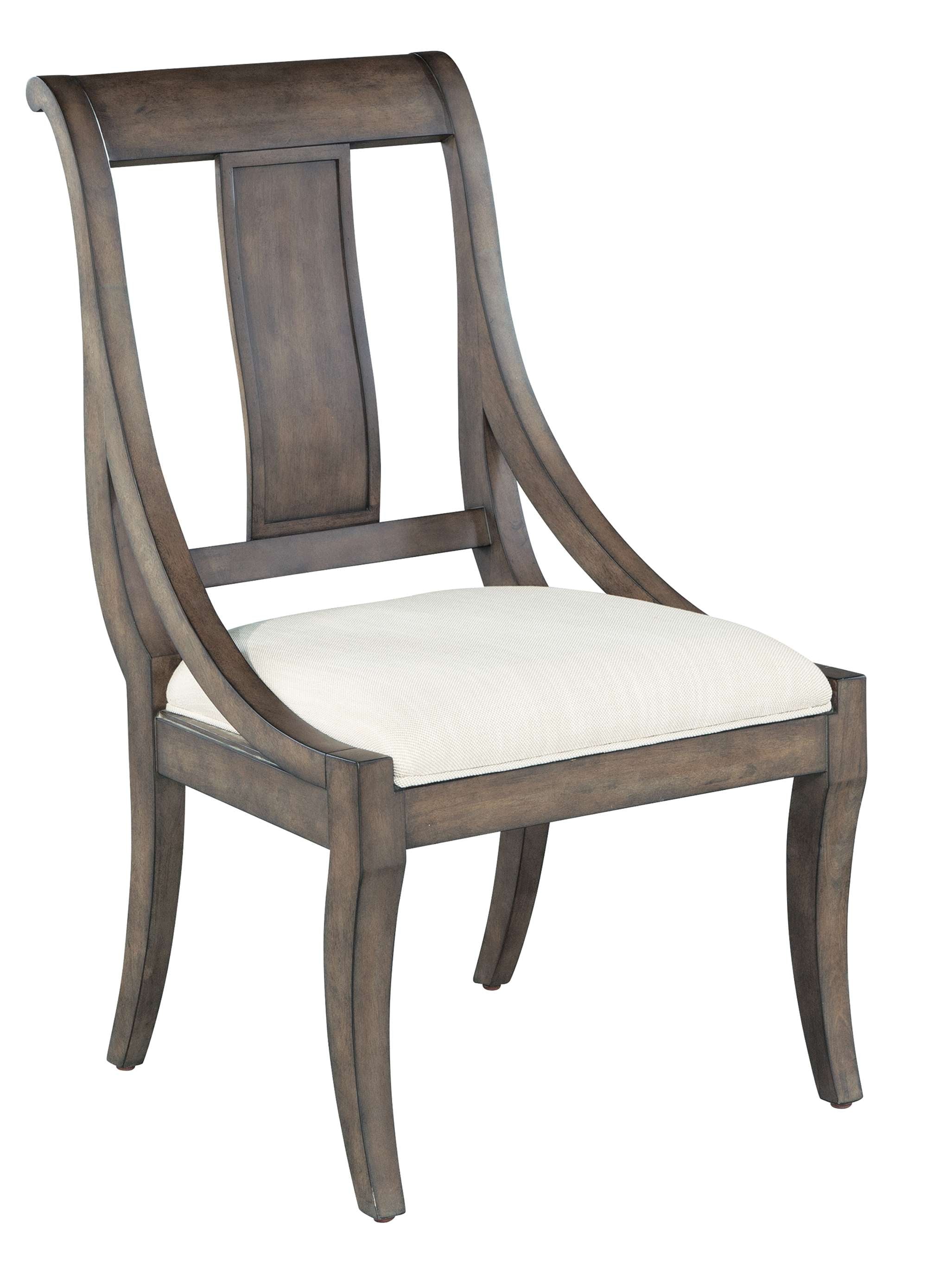Lincoln Park dining side chair with curved wood slat back, Lincoln Park finish, and upholstered white linen seat cushion