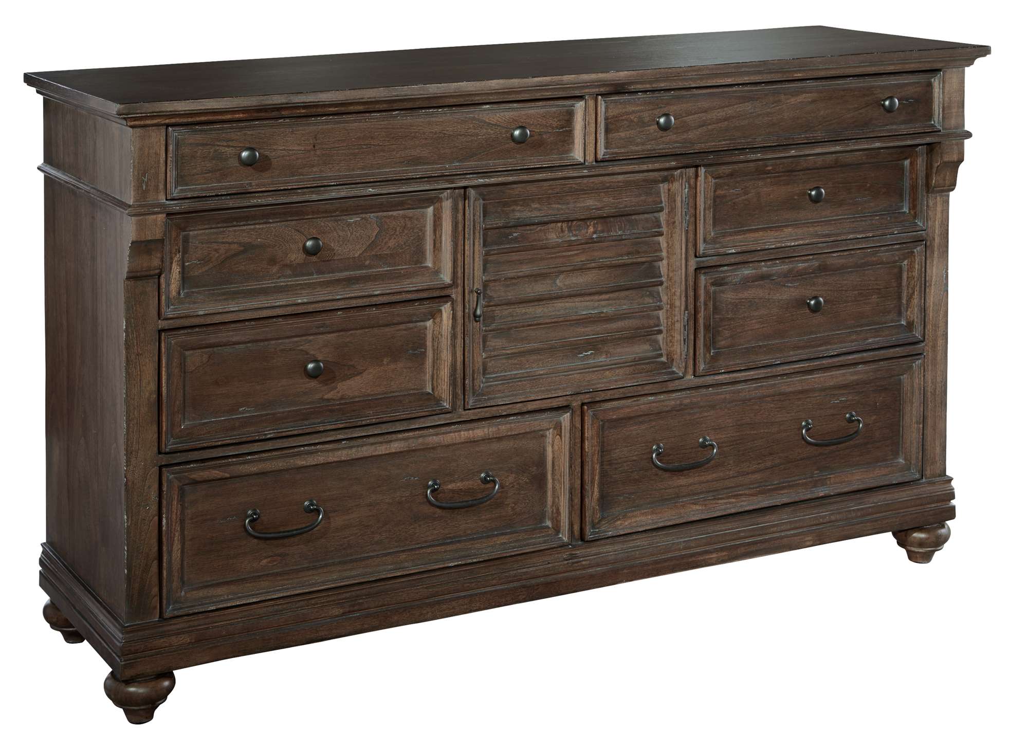 Homestead dresser with select solids and veneers, eight drawers, center louvered door, and dark wood finish