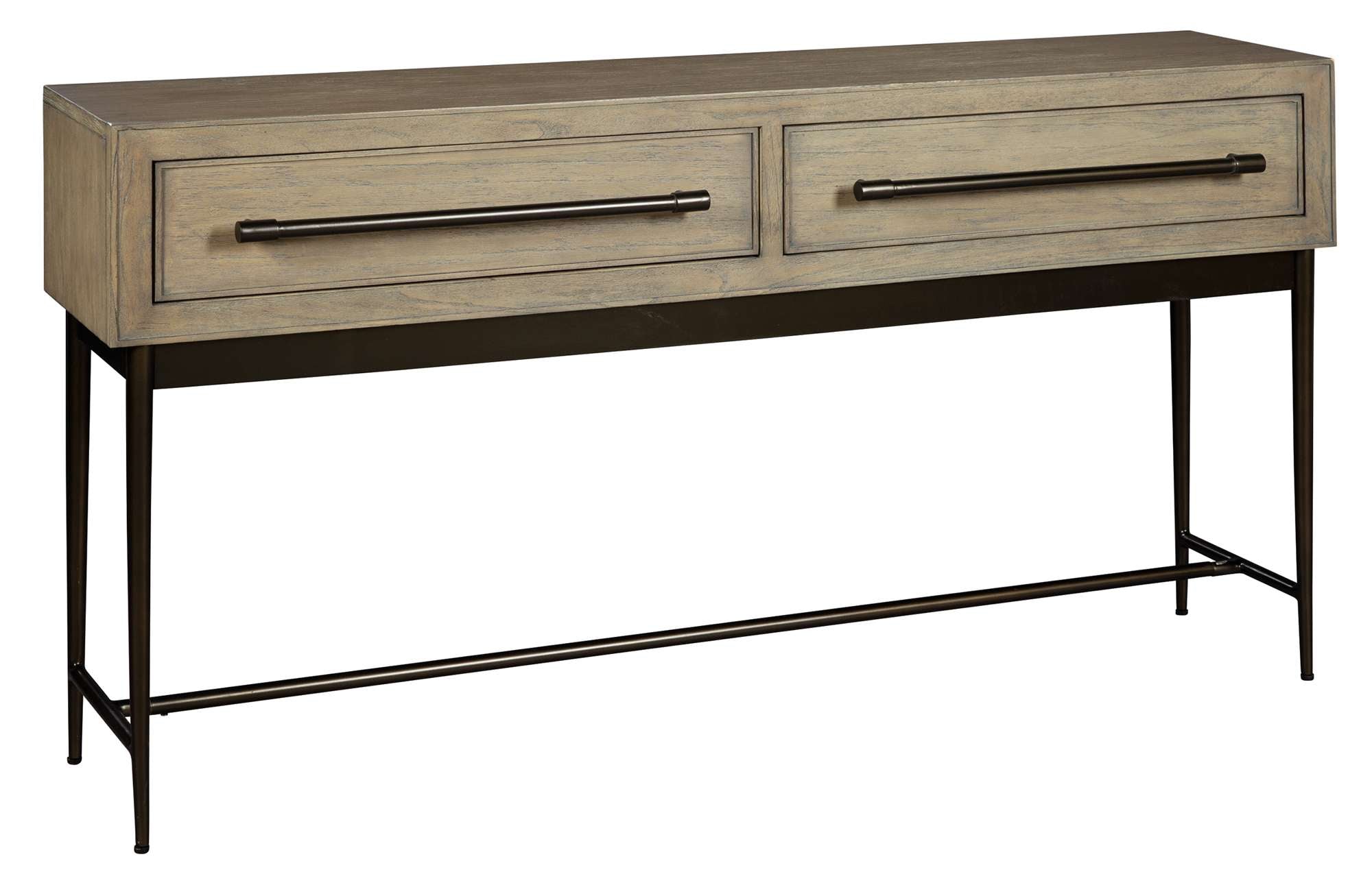 Sofa table with select solids and veneers, two drawers with antique brass bar pulls, metal tapered legs, stretcher bar, Special Reserve finish