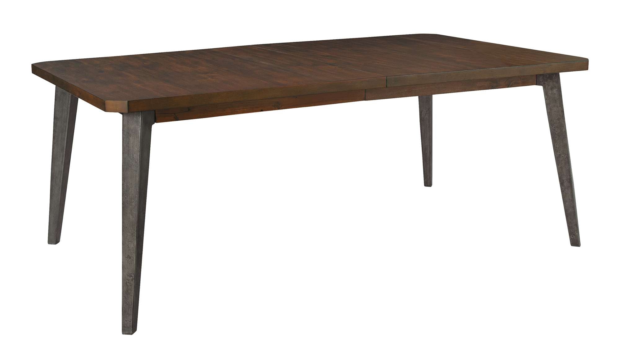 Monterey Point dining table with 1.5" acacia veneer and solid slab top, trestle leaf extension, and tapered iron legs
