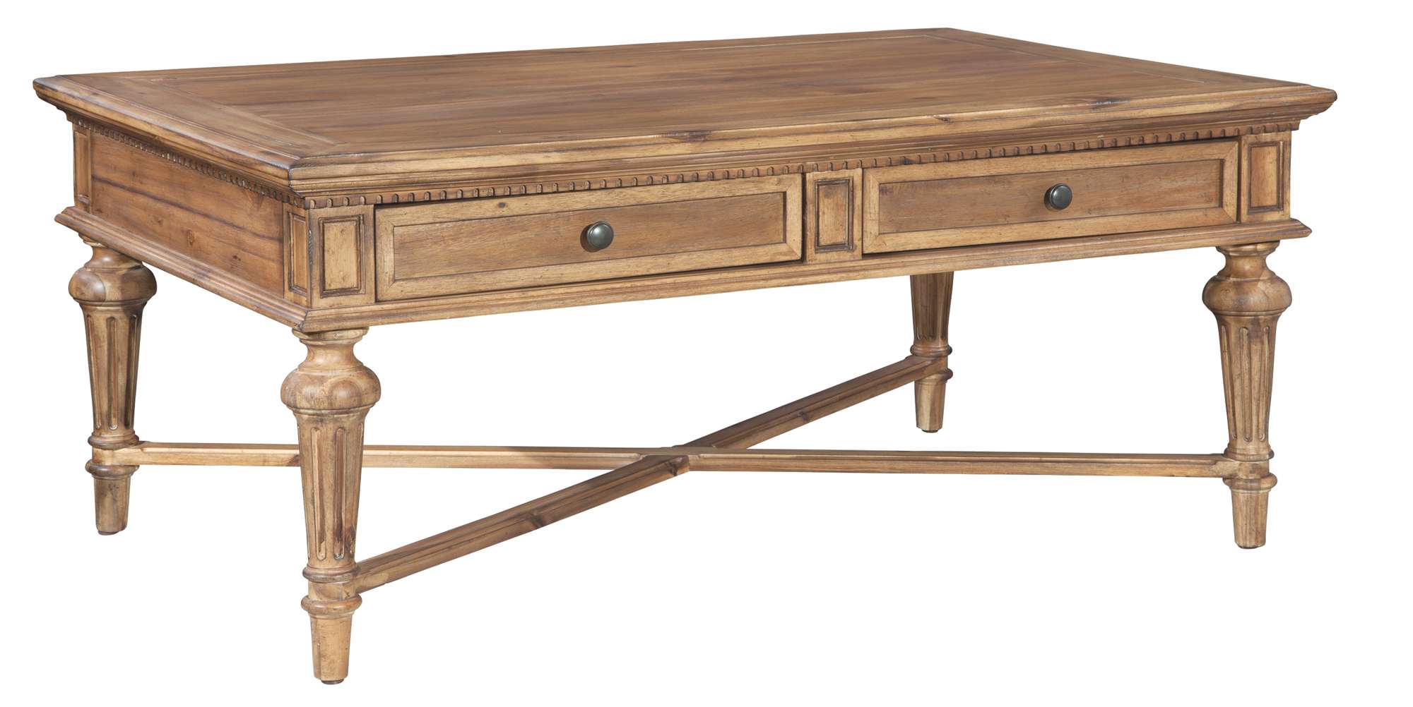 Wellington Hall rectangular coffee table with acacia veneers, tapered fluted legs, two drawers, and antique brass hardware