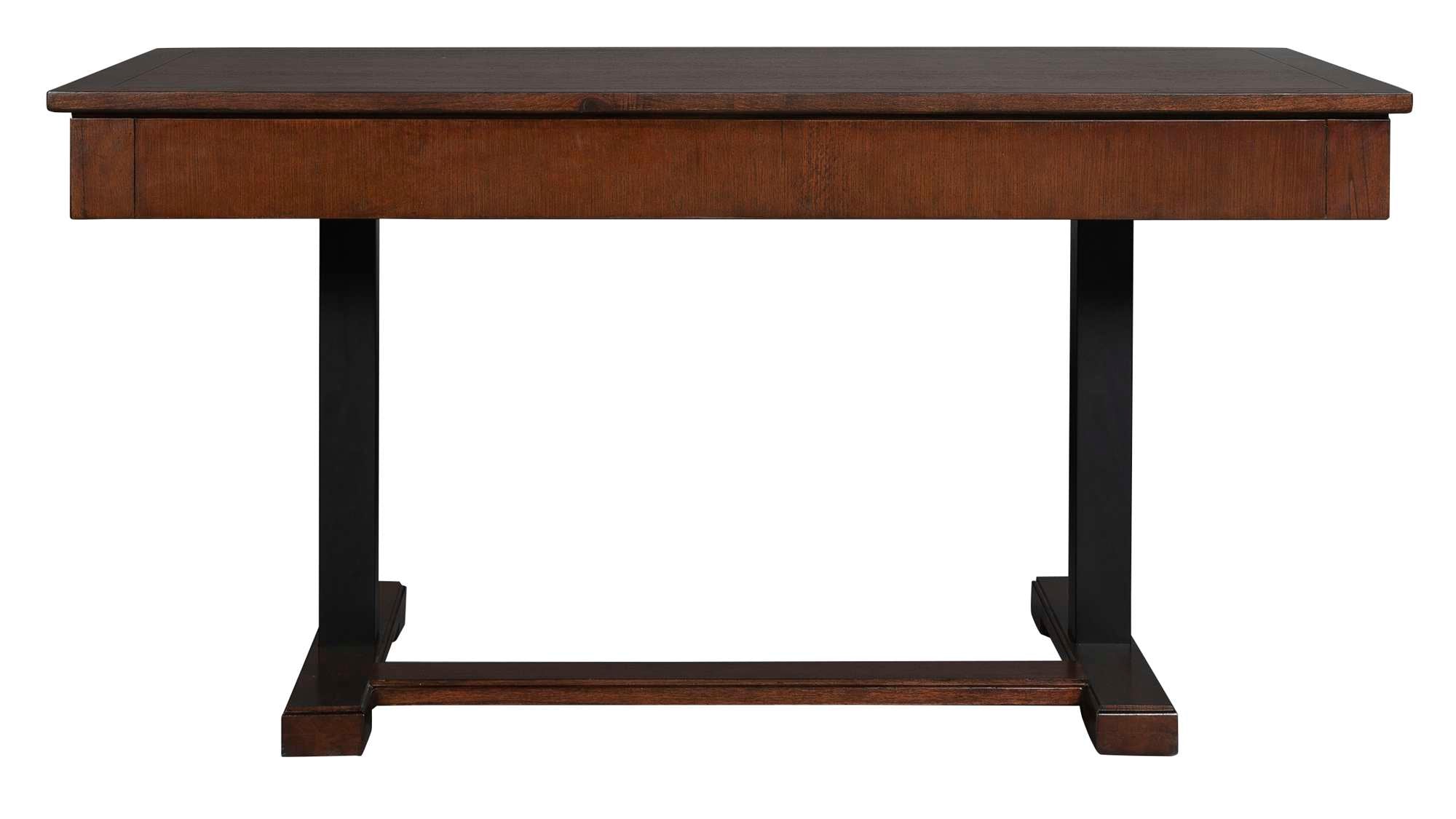 Mocha adjustable height desk with Mindi veneer top, select solids, two faux drawers, and sturdy black metal base