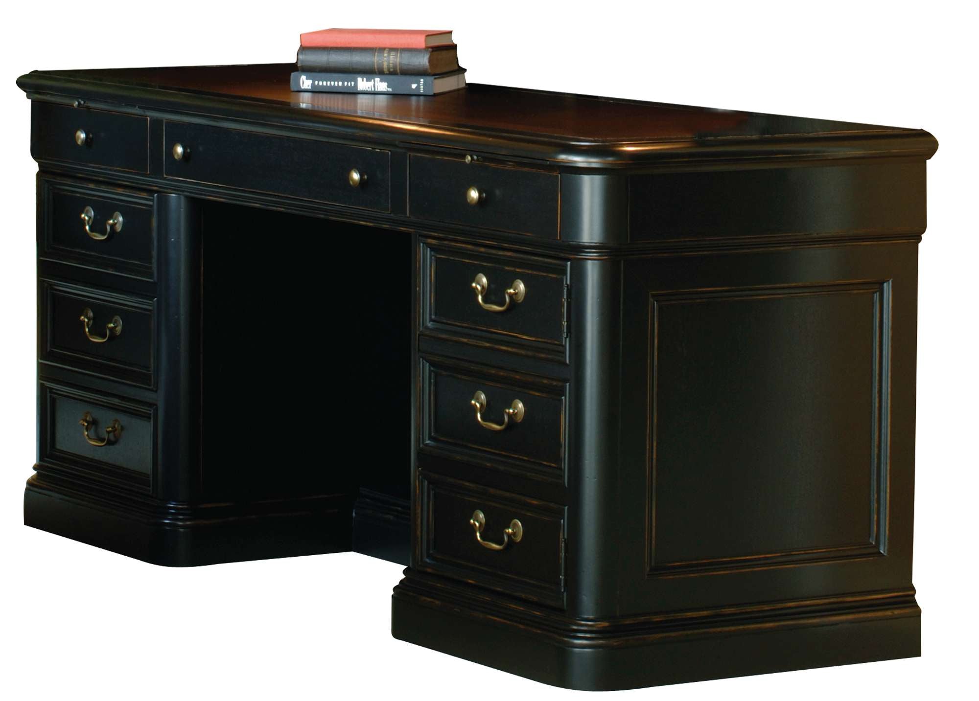 Louis Philippe executive credenza with leather top, distressed hardwood and veneer, multiple drawers, and brass hardware