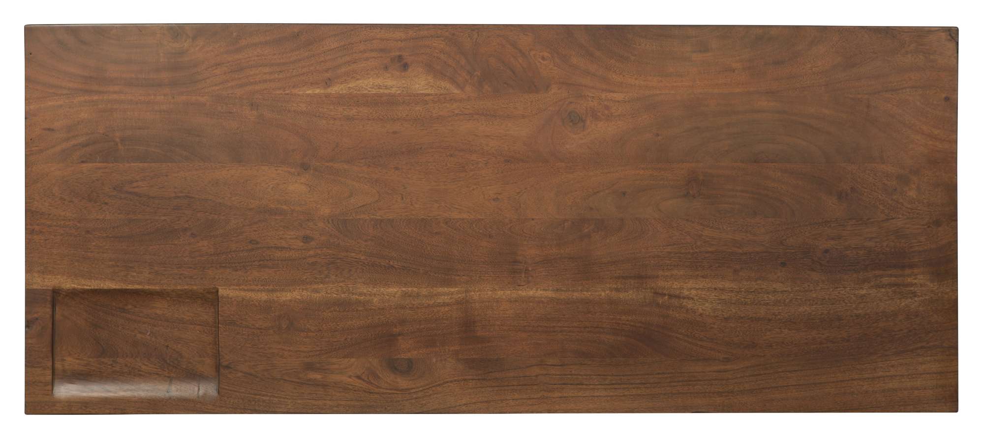 Solid Acacia wood desk top with decorative spline details on drawer faces and brass powder-coated iron legs