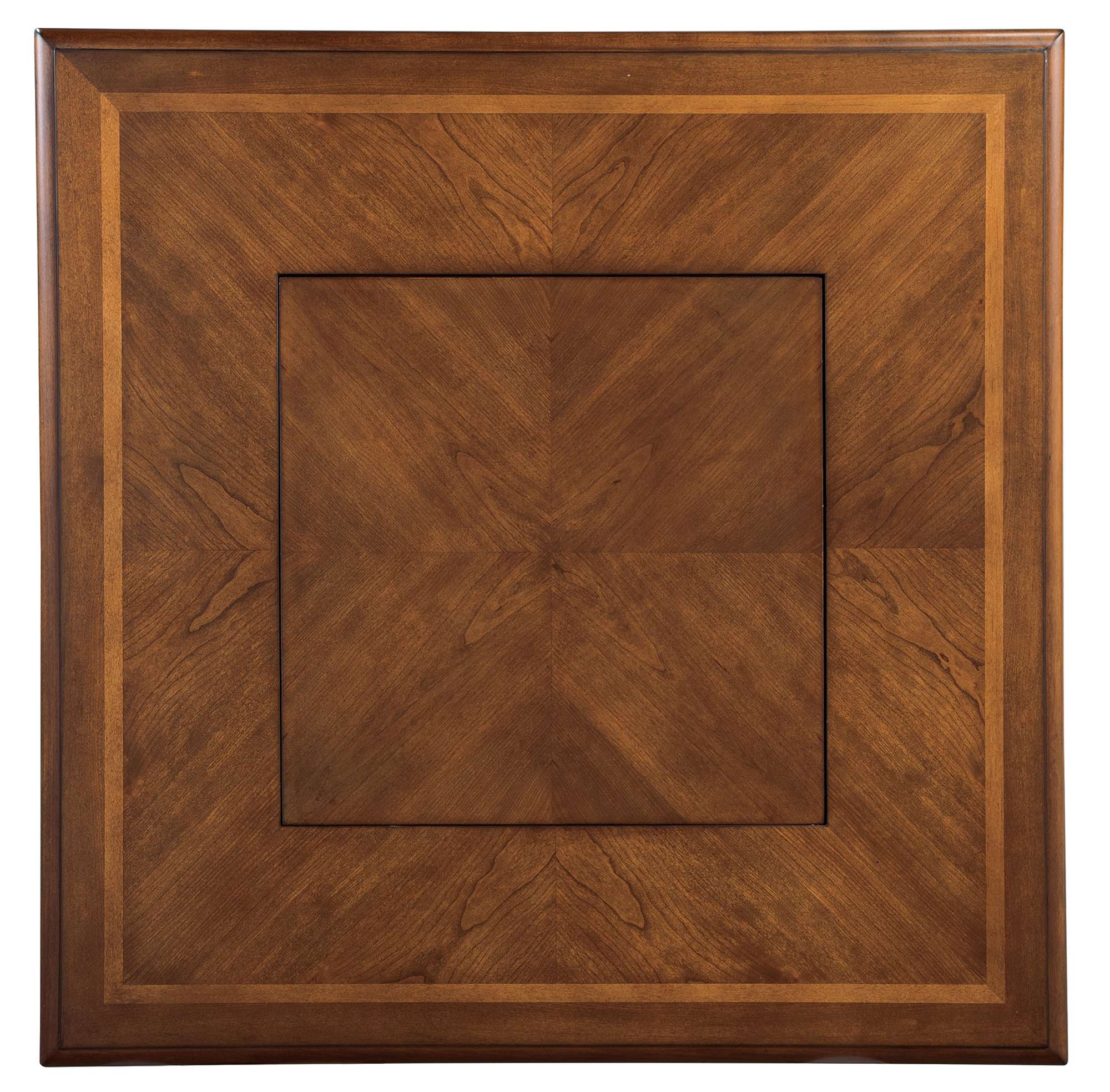 Game table top with rogue cherry veneers, cathedral cherry bookmatched pattern, and maple inlay border