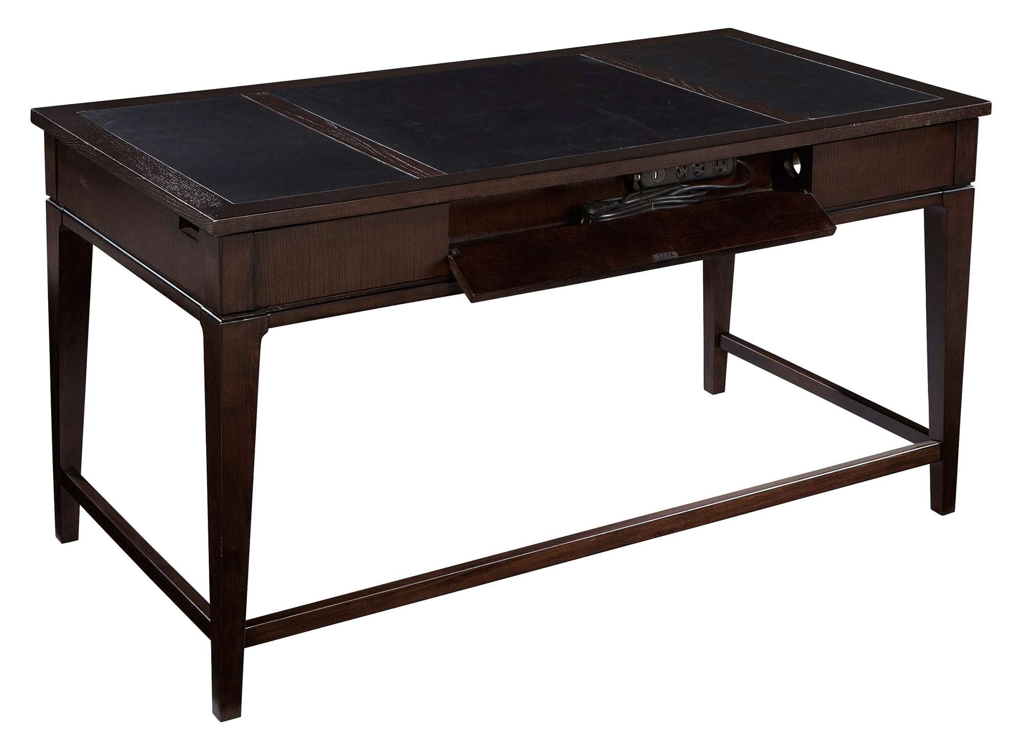 Mocha Desk with leather three-panel top, ash solids and veneers, two drawers, and drop-front keyboard drawer