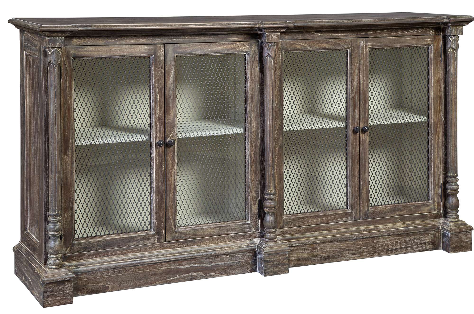 Dining buffet in light wire-brushed Mindi wood with wire mesh doors, breakfront posts, and dark glaze finish accents