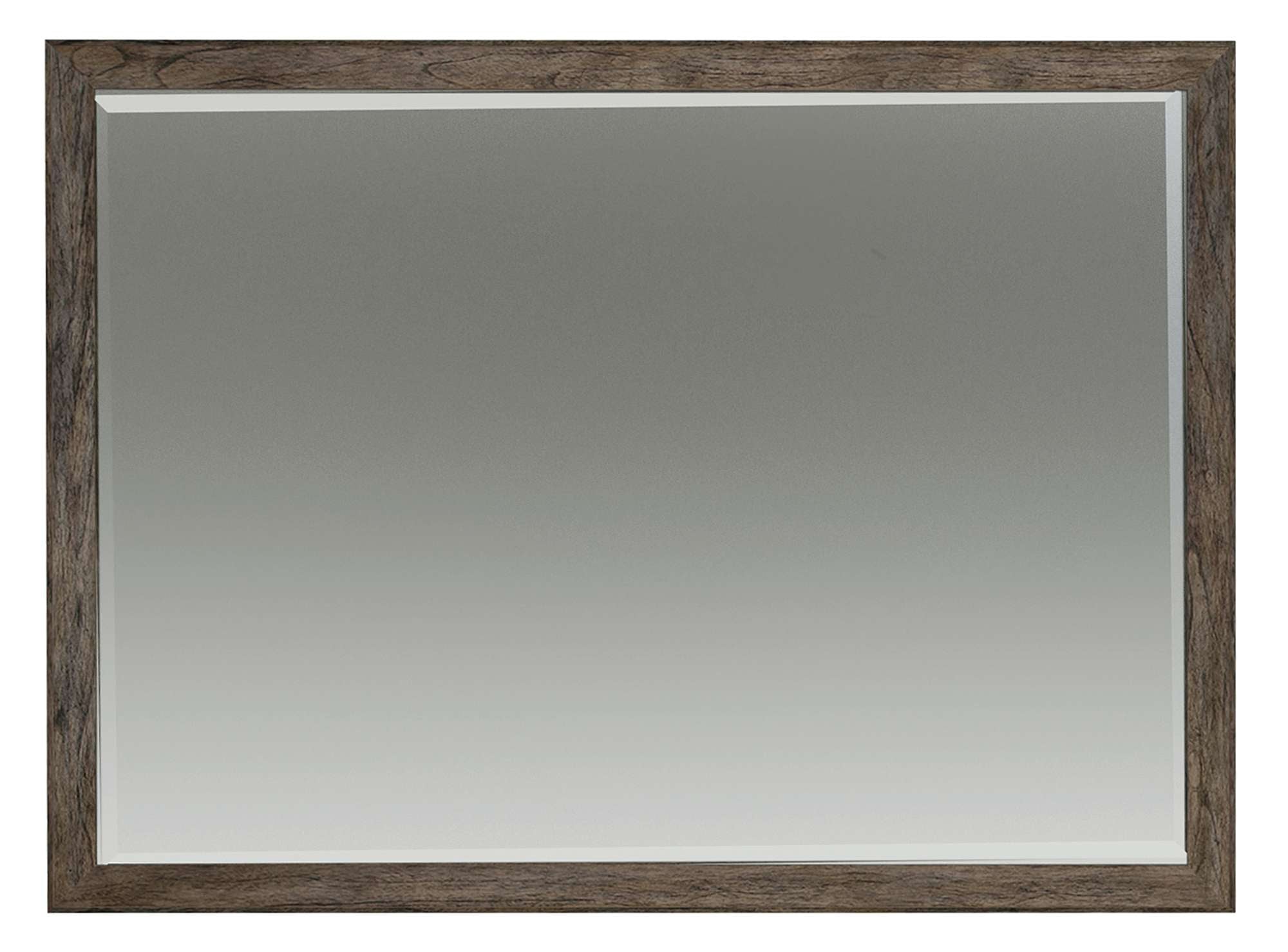 Rectangular framed mirror with beveled glass and Arlington Heights finish in solid mindi wood and veneers