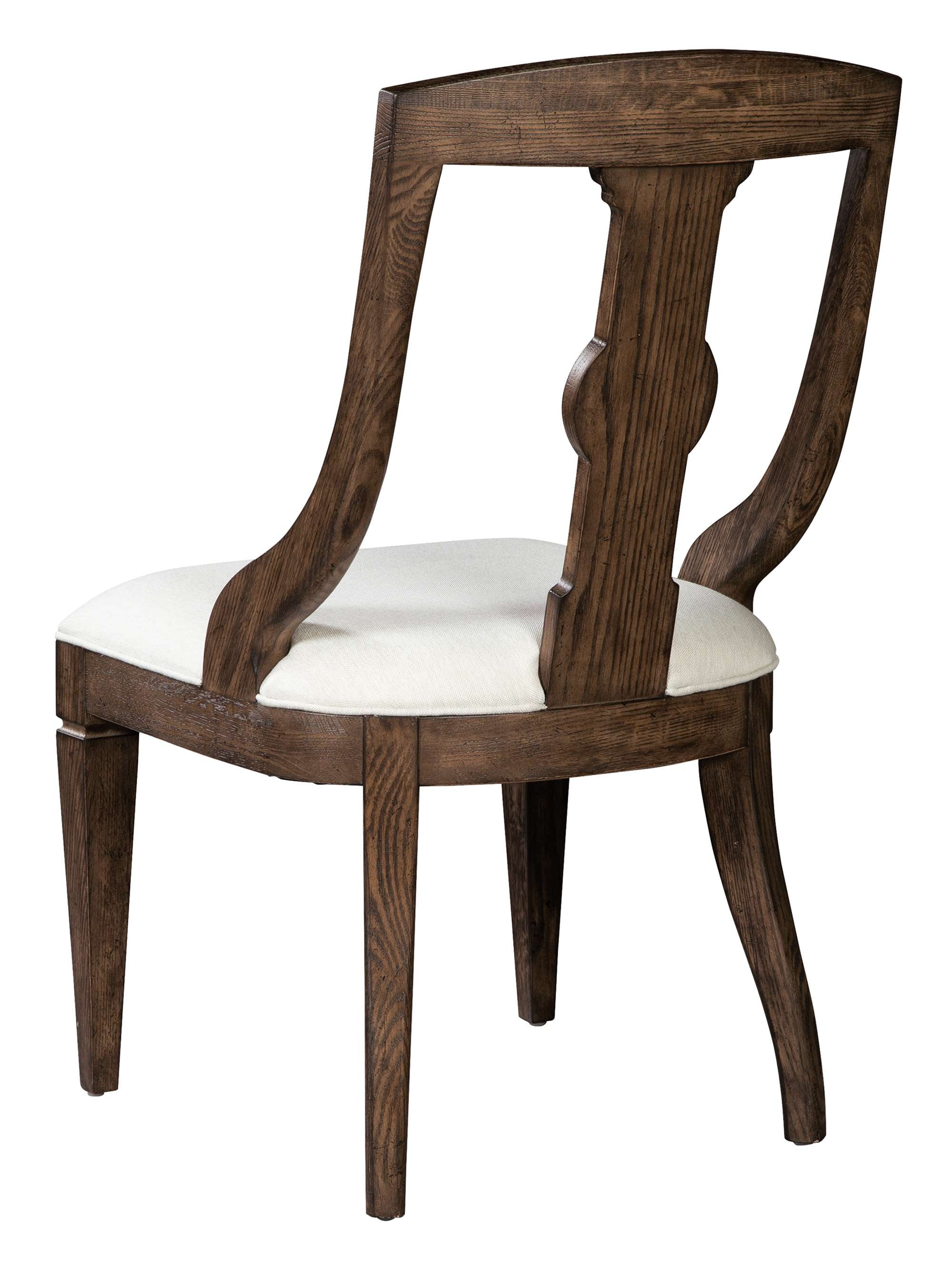 Wexford dining arm chair with solid oak frame, curved backrest, and white upholstered seat cushion in dark wood finish