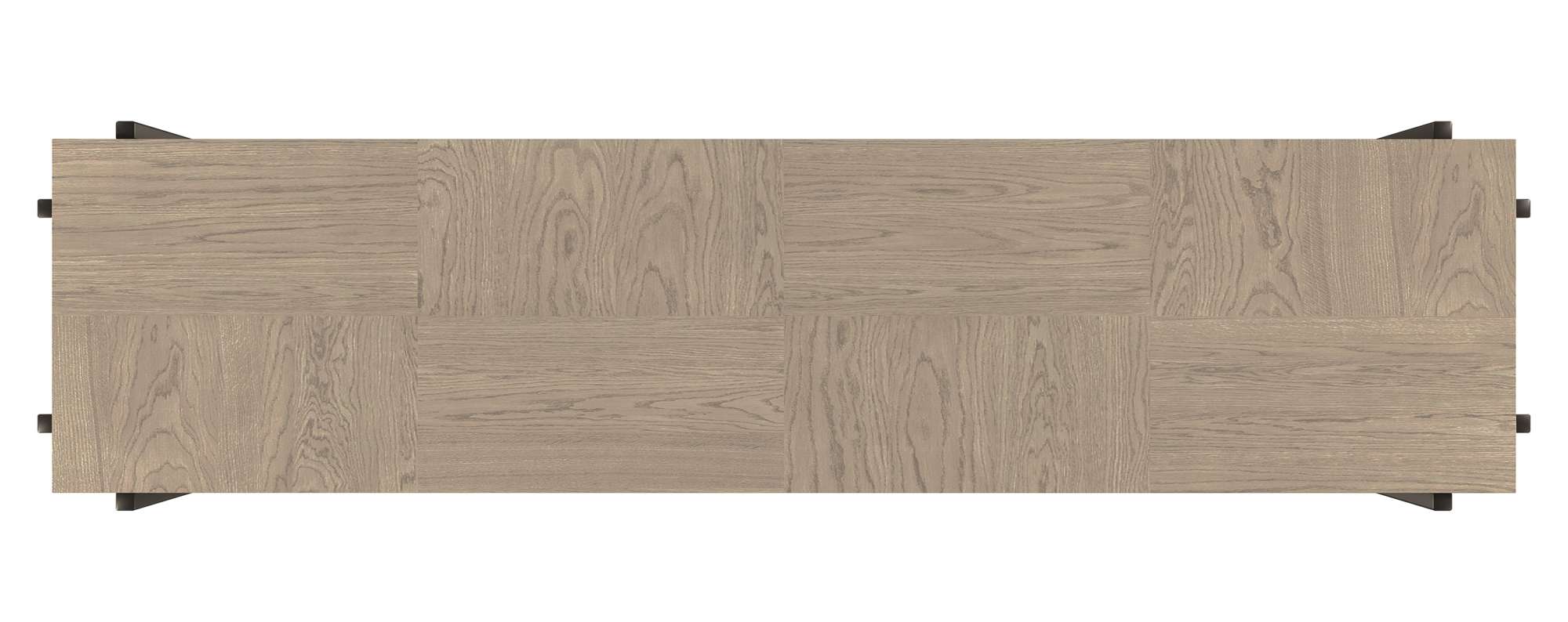 Rectangular Mayfield sofa table top with parquet oak veneer and eight metal leg posts in soft translucent finish