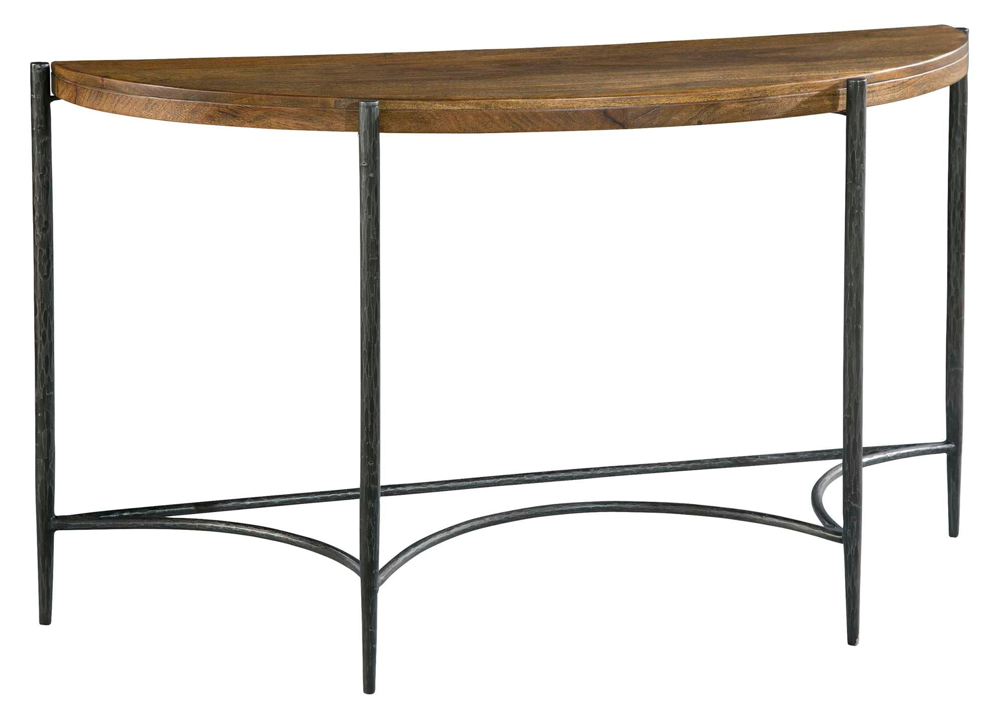 A stylish half-moon console table with a wooden top and black metal legs.