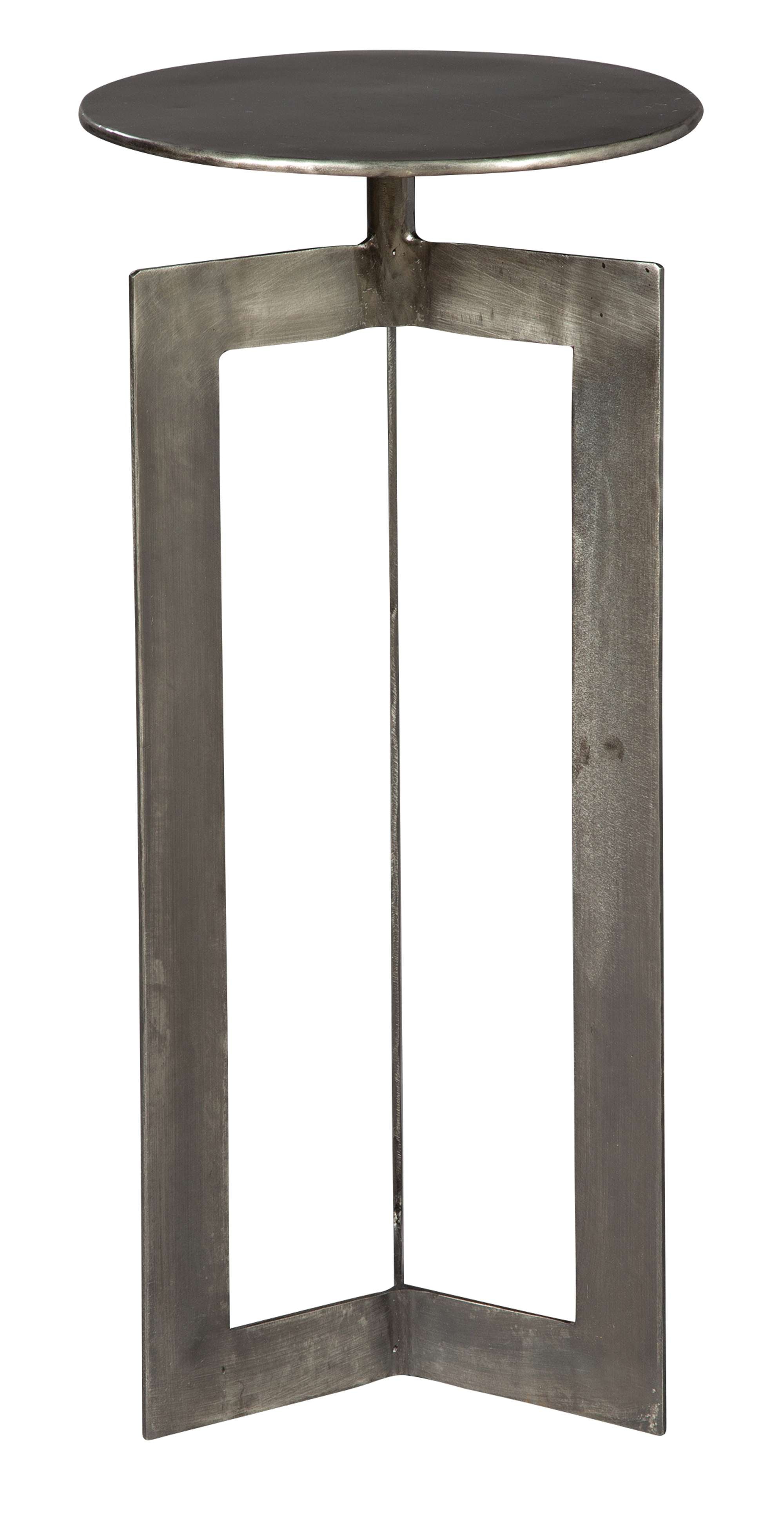 Iron accent table with black nickel finish, geometric open base, and round top for modern or industrial decor