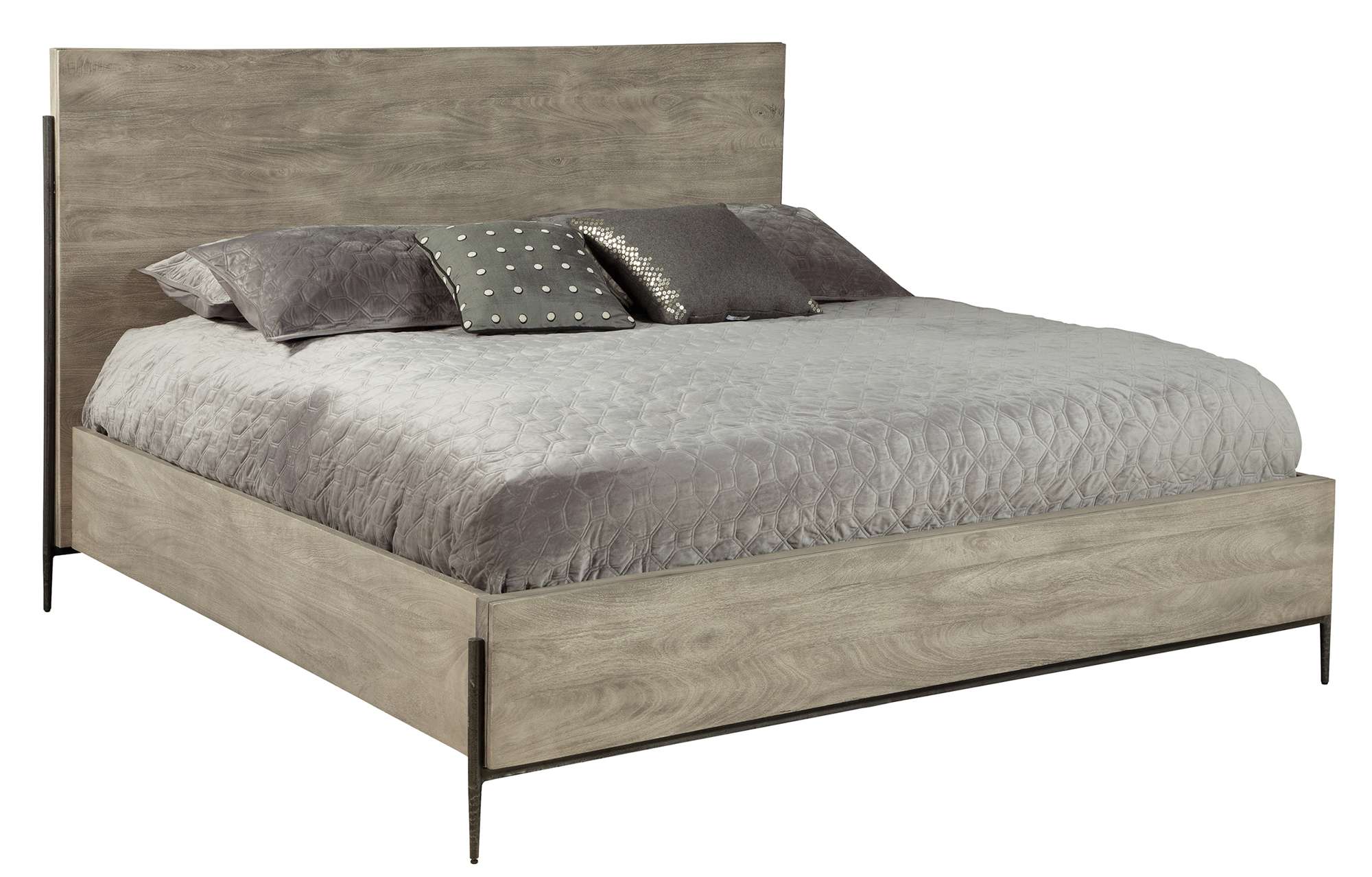 Bedford Park queen panel bed with gray wood finish, sleek design, and forged iron supports and legs