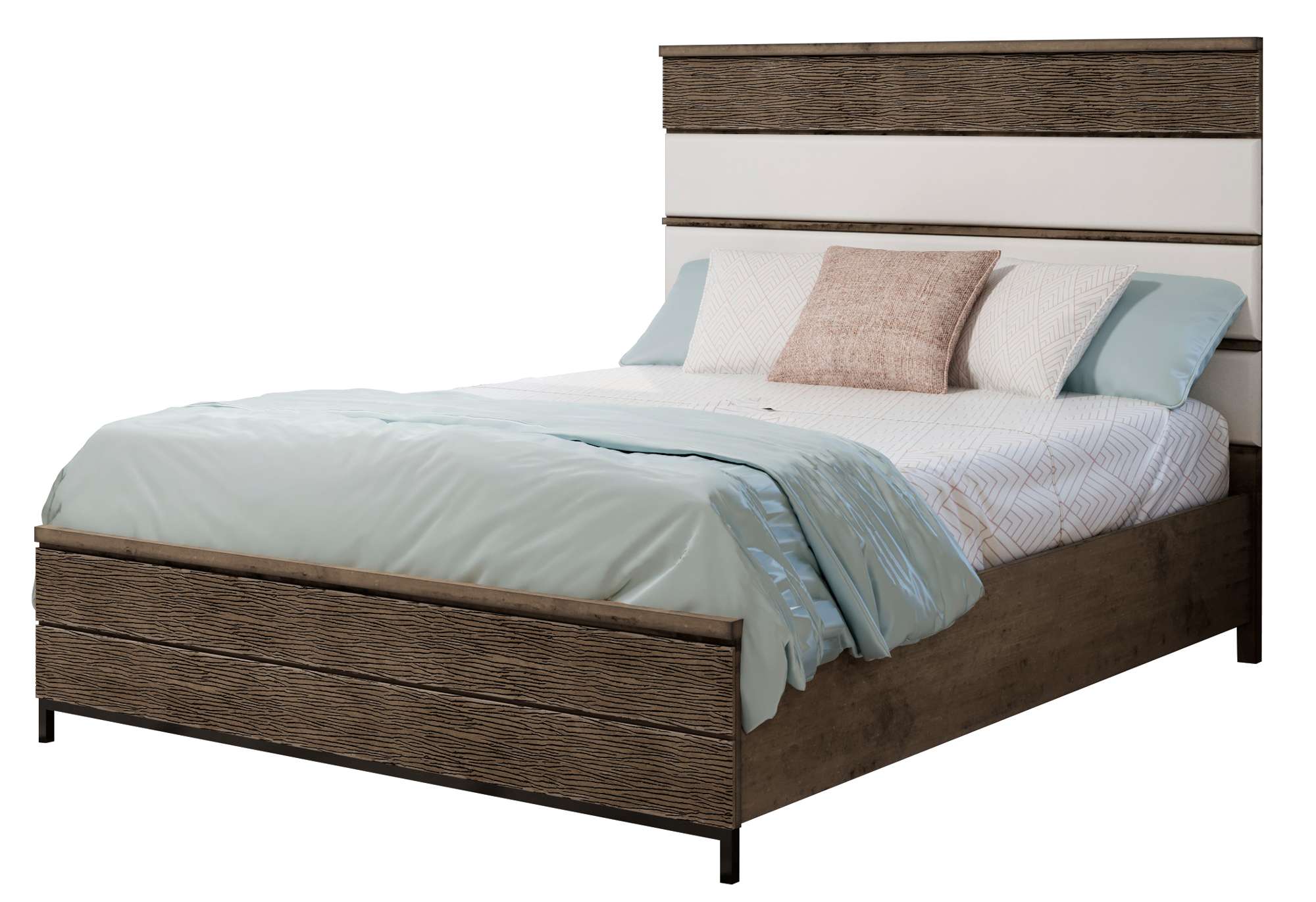Organic Living King Bed with four-panel headboard, three upholstered panels, wood frame, and neutral bedding accents