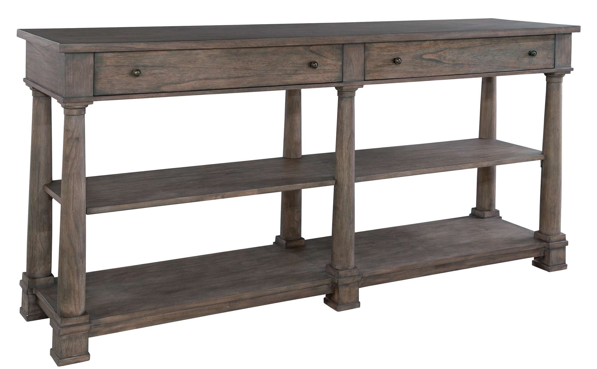 Lincoln Park dining buffet with two drawers, two shelves, antique brass hardware, and Lincoln Park wood finish