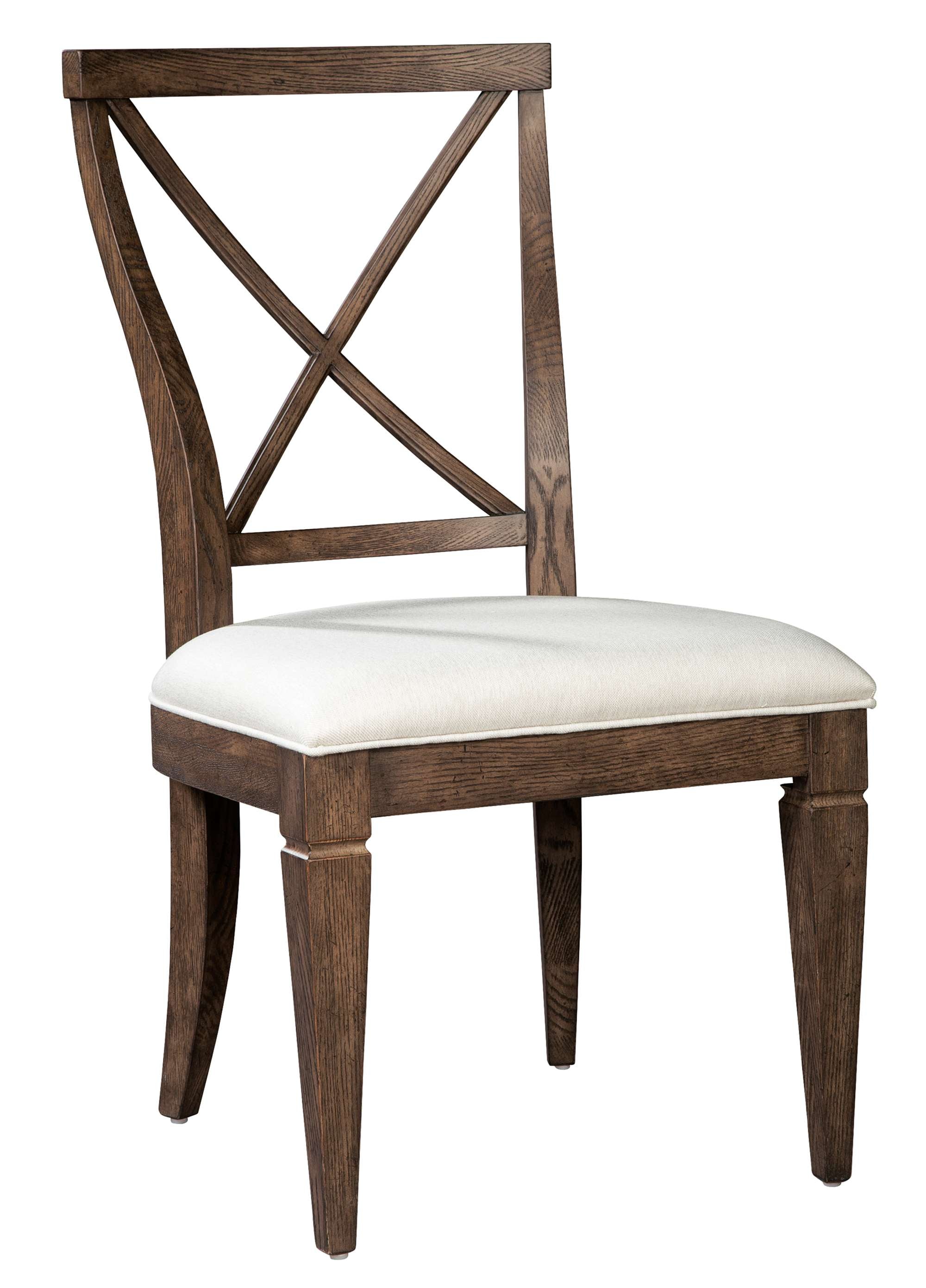 Wexford dining side chair with solid oak frame, X-back design, off-white linen fabric seat, and Wexford finish