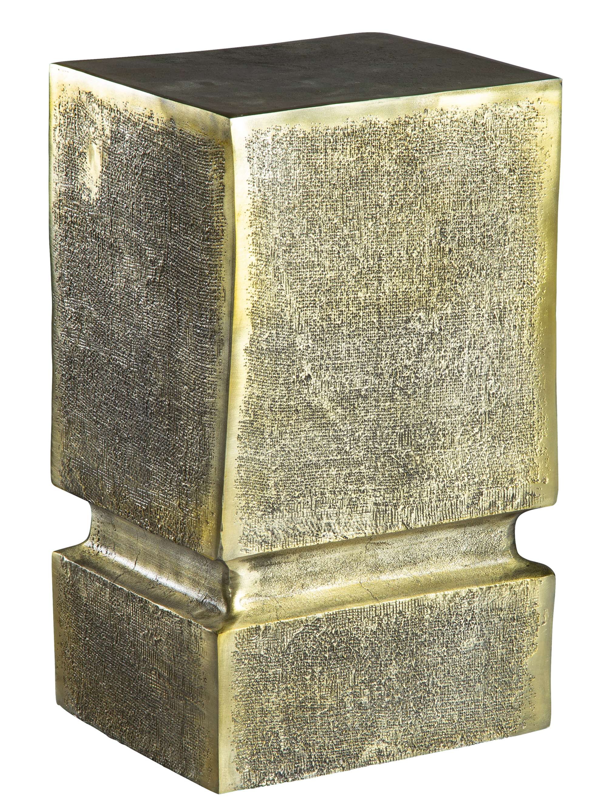 Cast metal rectangular block end table with rough textured surface and dark brass finish
