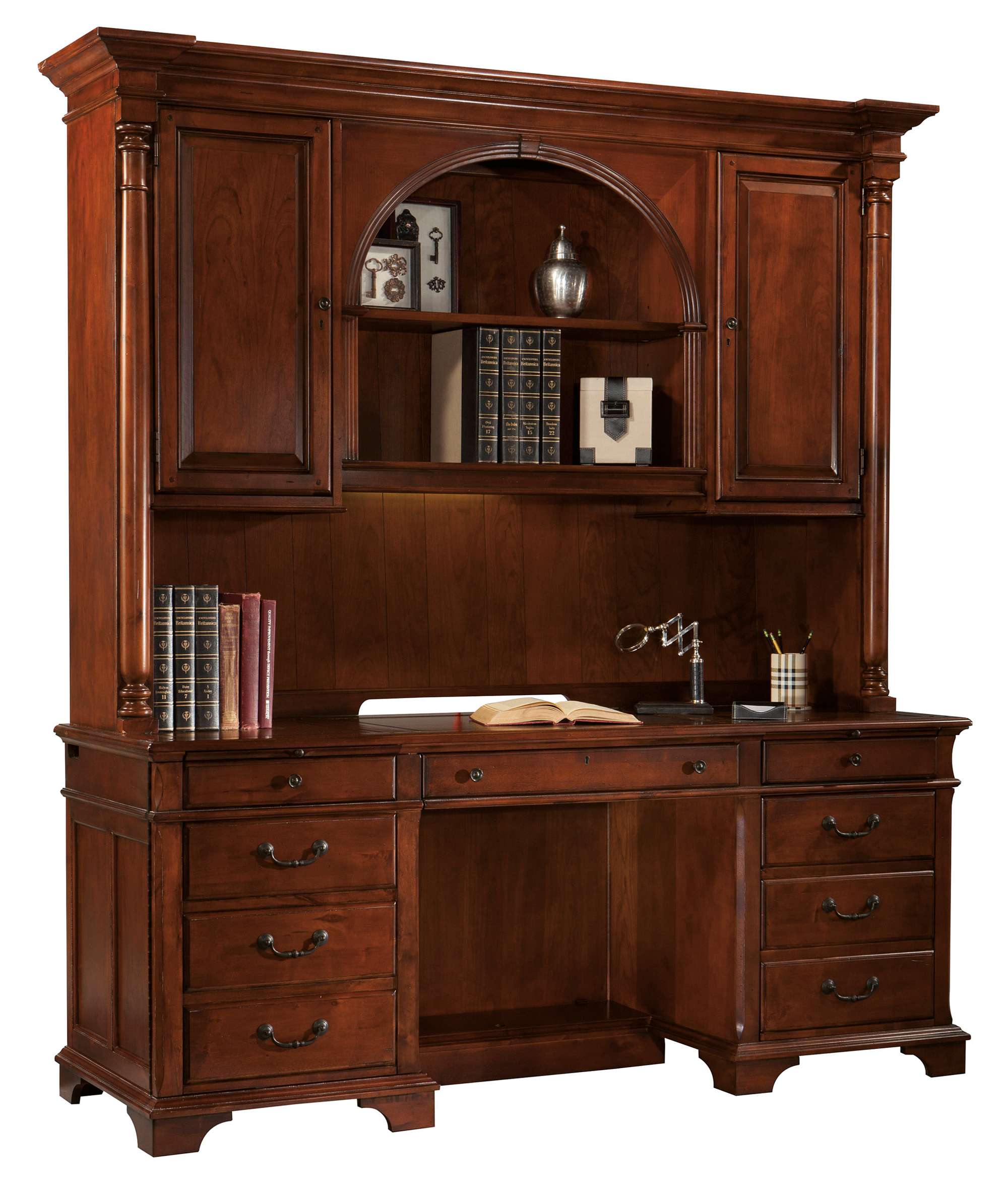 Executive Desk with weathered cherry finish, two doors with adjustable shelves, grooved back panel, and illuminated bookcase section