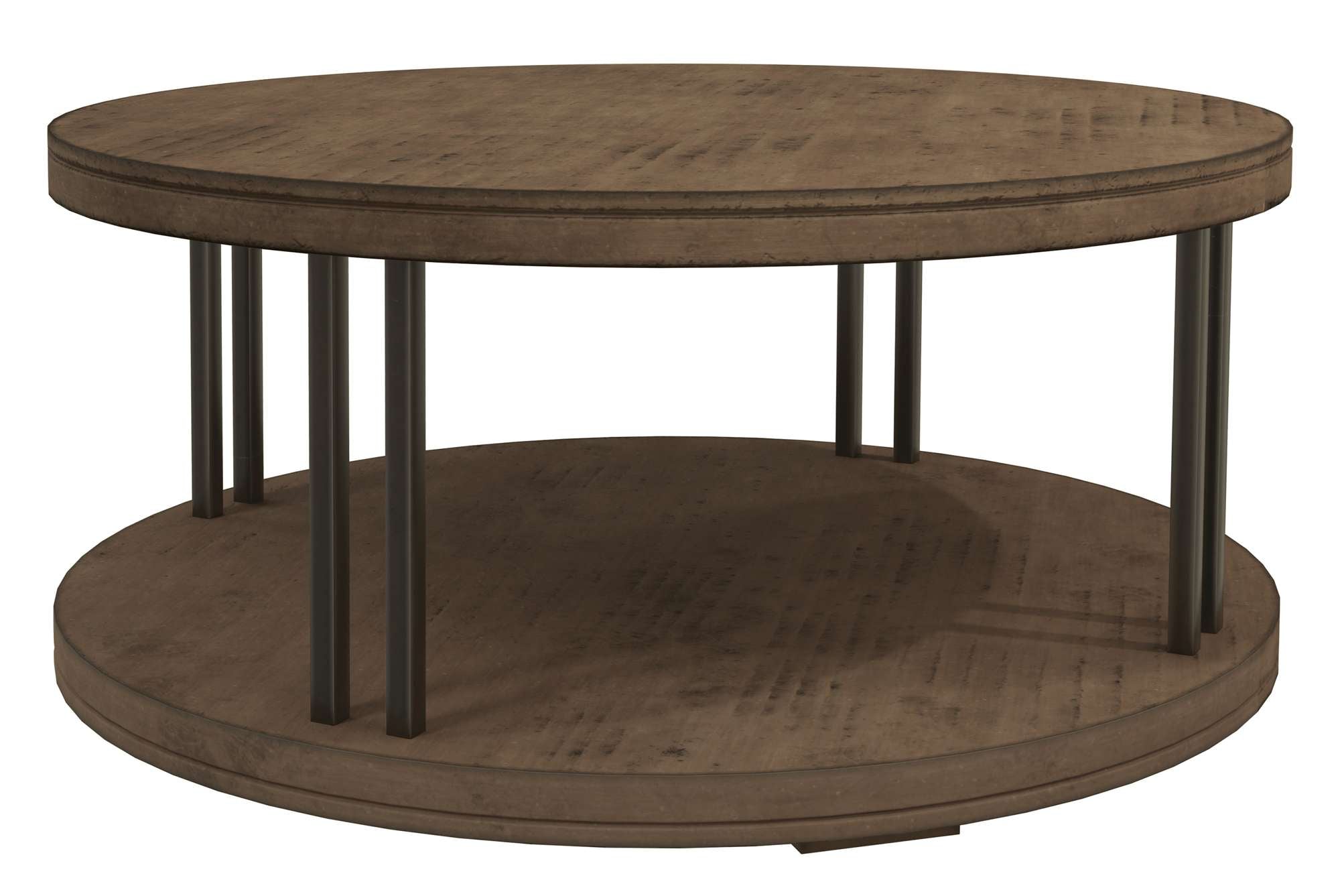 Organic Living round coffee table with hand-hewn solid wood top and bottom panels, slab edge, and metal support rods