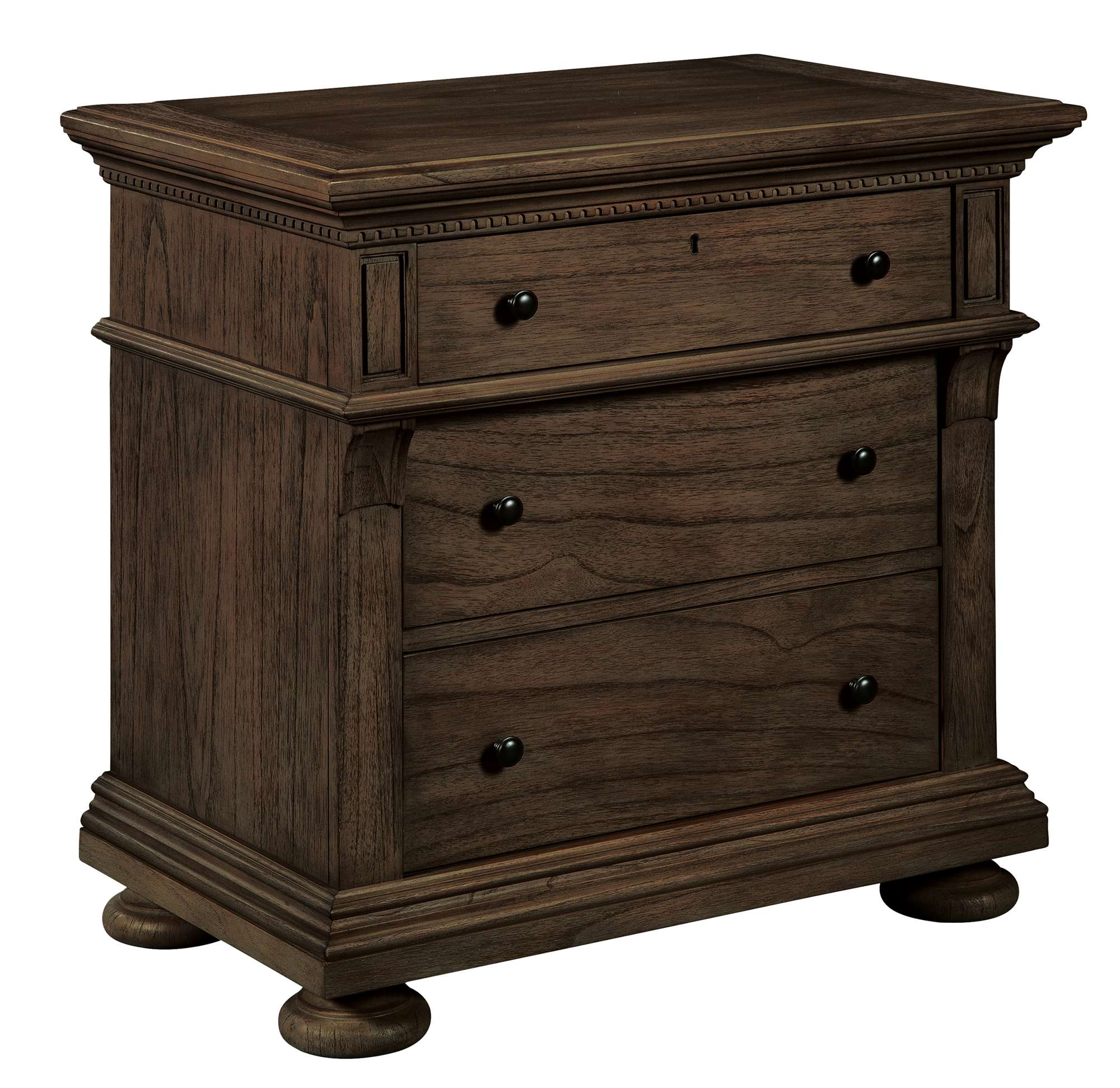 Wellington Estates three drawer nightstand with mindi veneers, dentil molding, antique brass knobs, corbel support, and Java finish