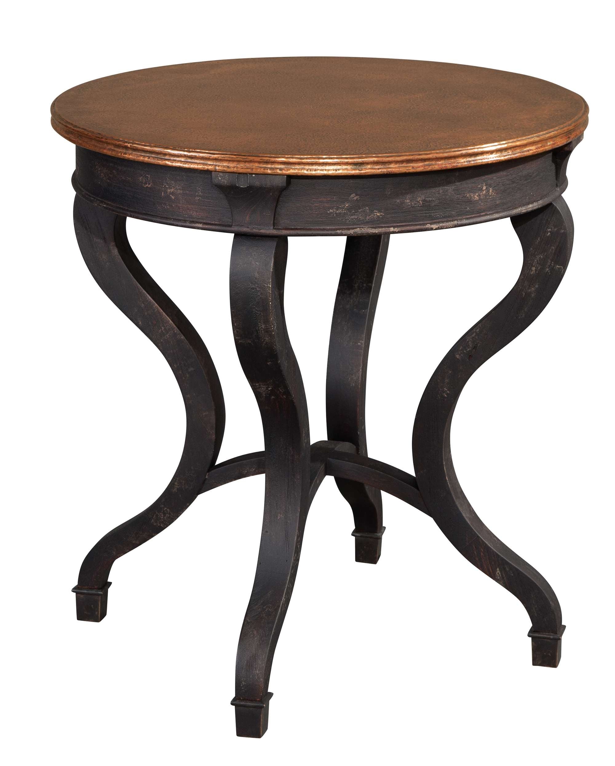 Round end table with hammered copper top, dark distressed curved legs, and special reserve finish, 27 inch diameter and 29 inch height