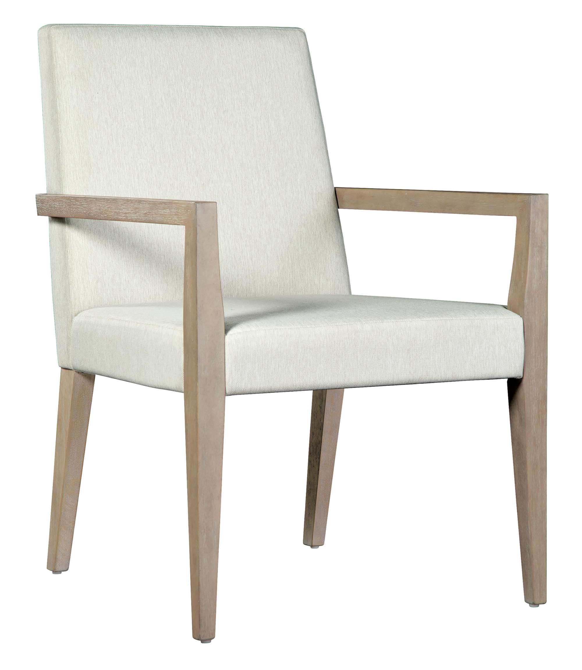 Scottsdale upholstered dining arm chair with soft white linen fabric, tapers, and mindi wood frame in Scottsdale finish