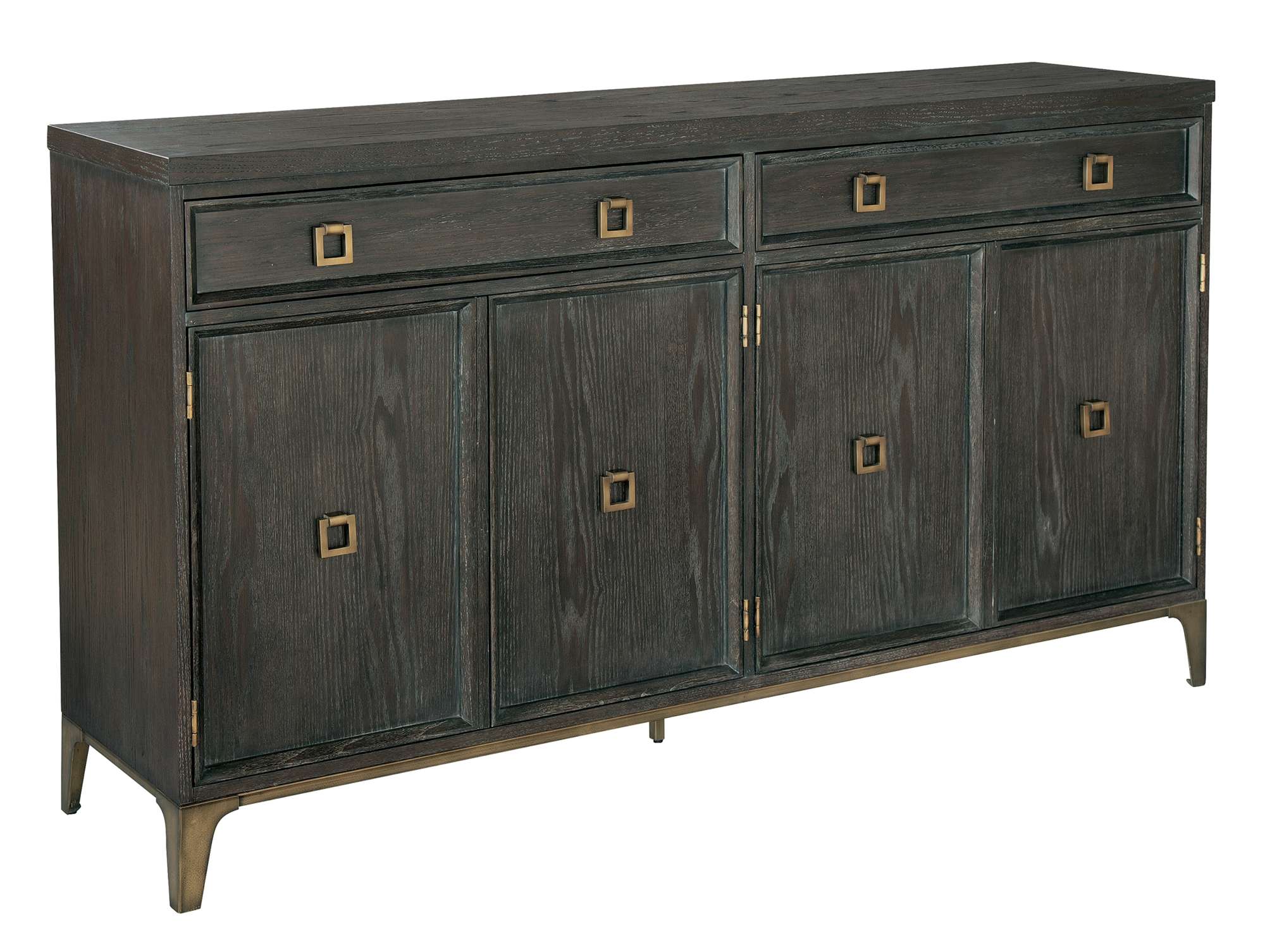 Edgewater dining buffet with oak veneers, mindi solids, two drawers with antique brass block pulls, and four cabinet doors