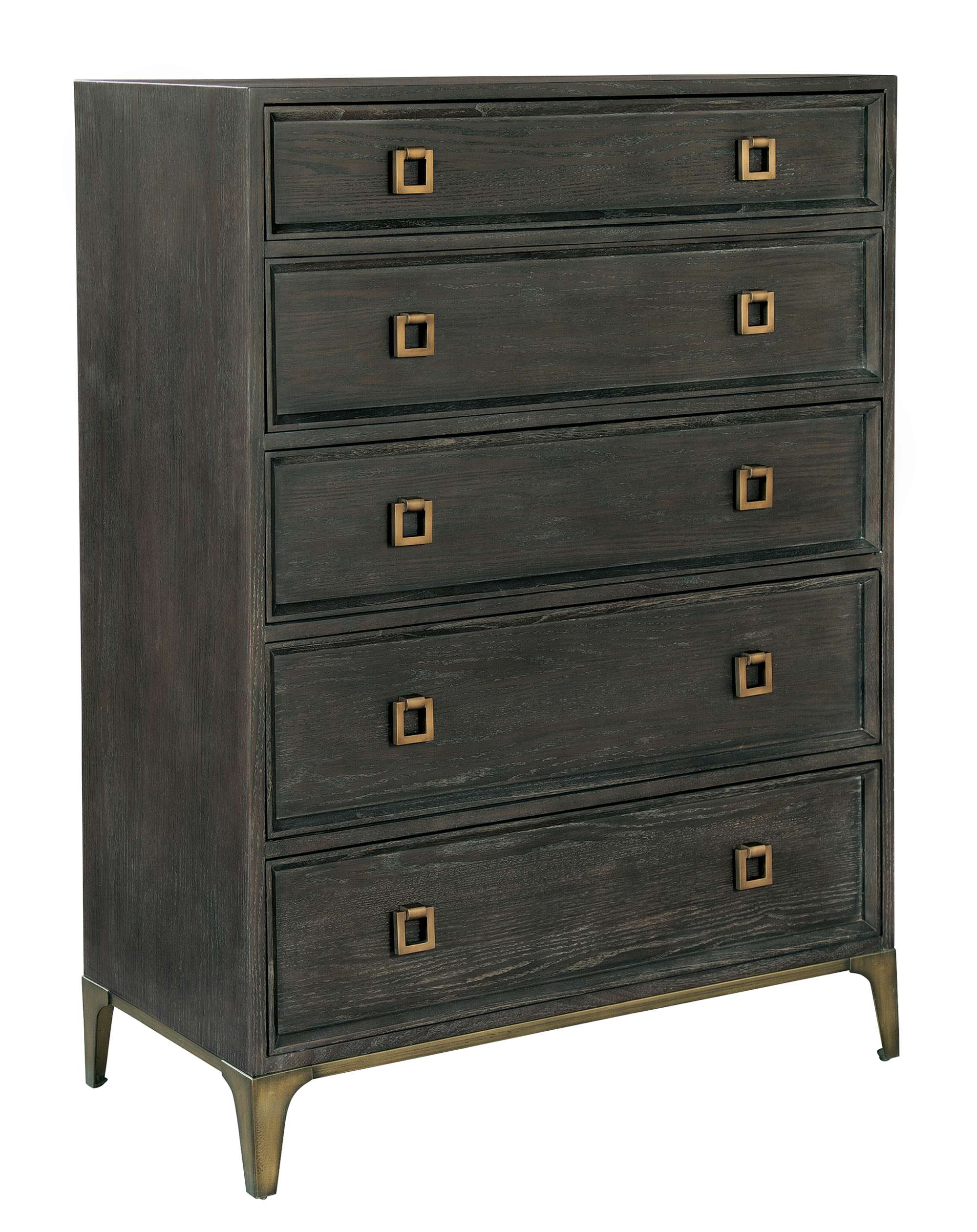 Edgewater Bedroom Chest with five drawers, dark oak finish, beveled drawer fronts, square metal handles, and metal legs