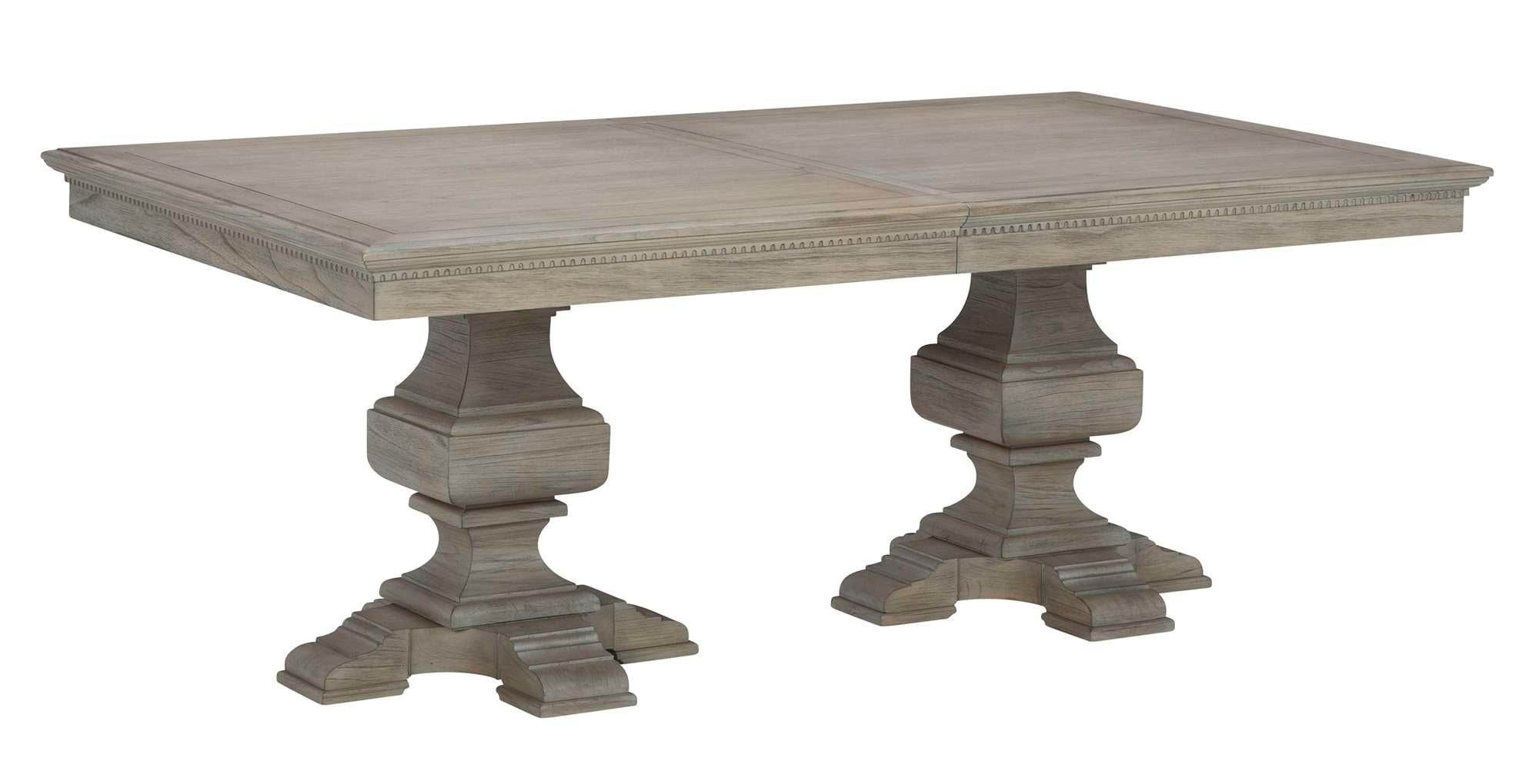 Wellington Estates dining table with molded edge top, dentil molding, double hand-turned urn pedestal base, driftwood finish