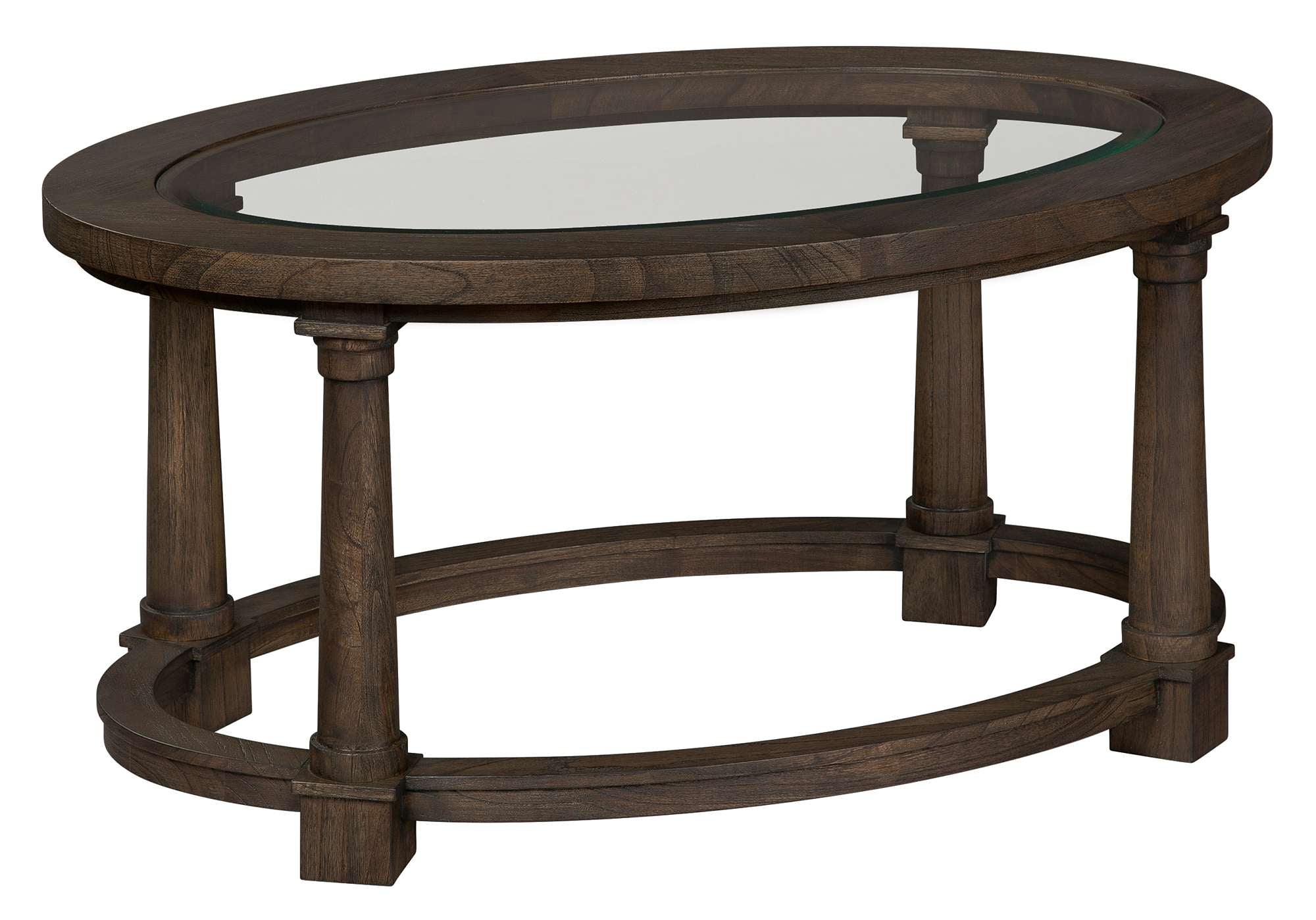 Oval Linwood coffee table with beveled glass top, tapered posts with collars, and open wood-framed base in dark finish