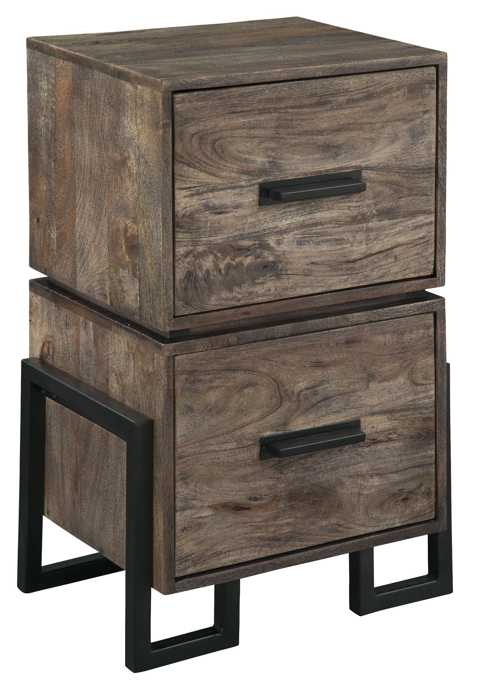 File cabinet with select wood solids and veneers, two drawers, black metal frame, and Santa Cruz finish