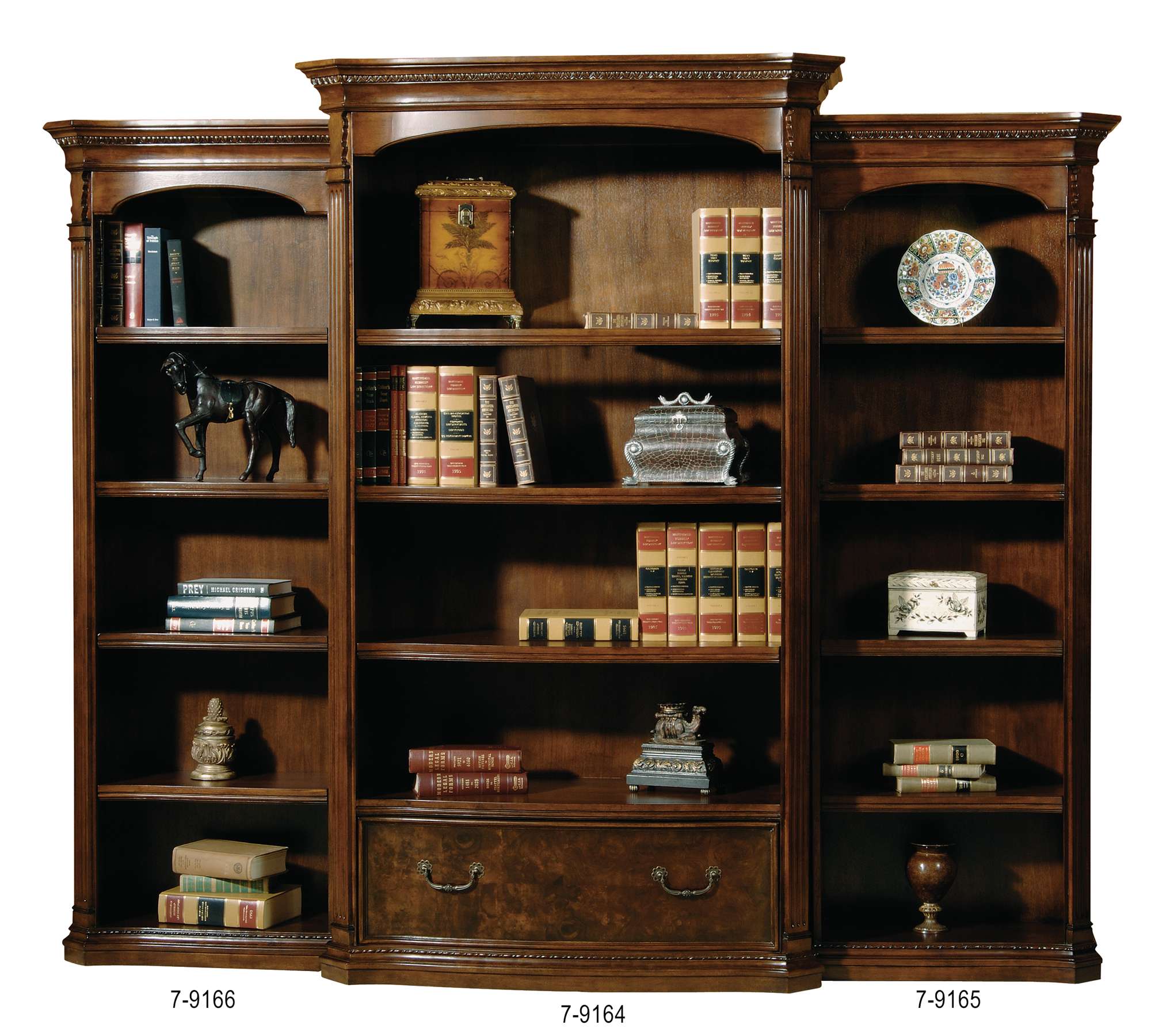 Old World Walnut Burl executive center bookcase with illuminated glass shelf, file drawer, and multiple fixed shelves