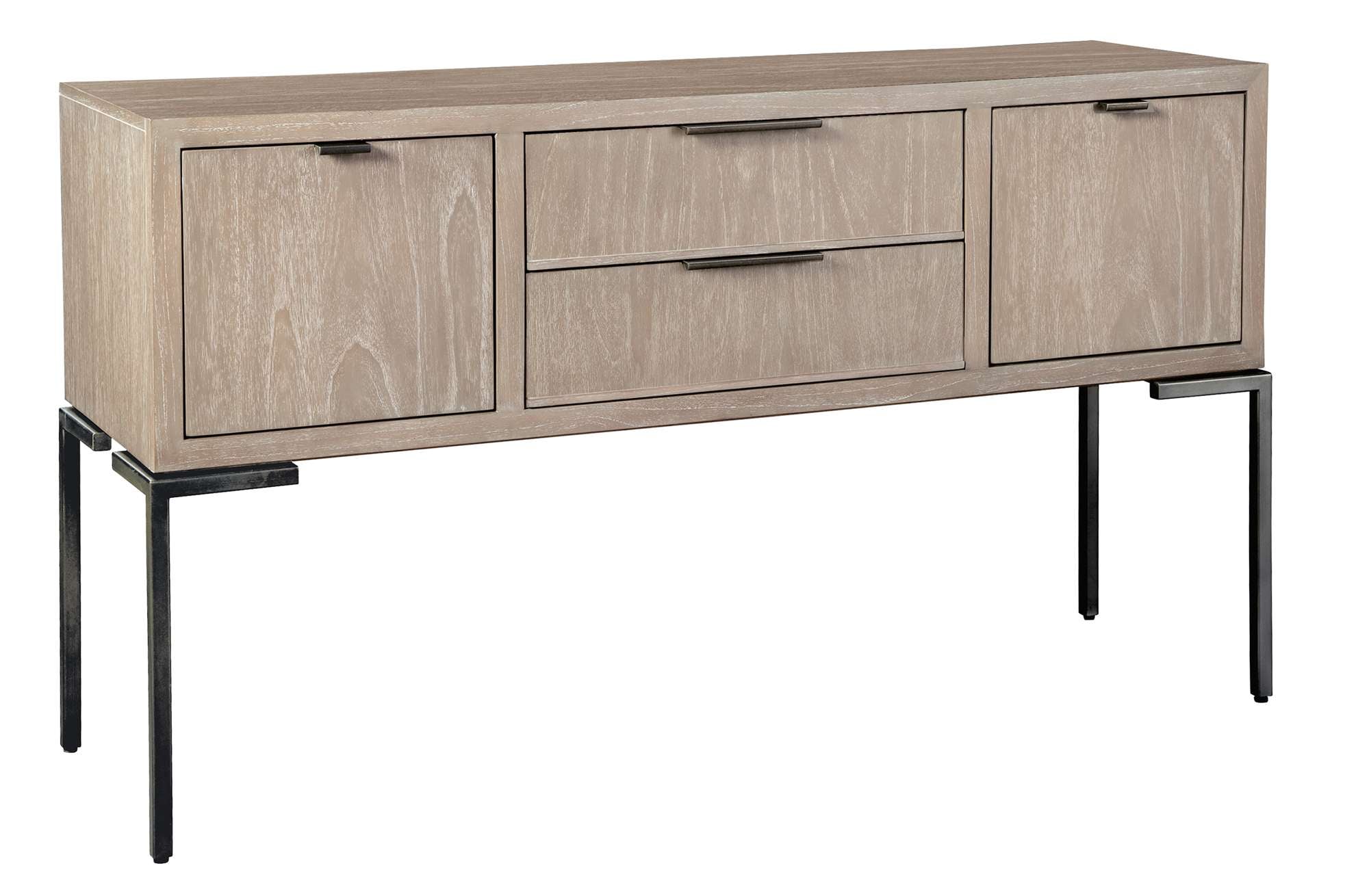 Scottsdale dining buffet with mindi veneer and solids, two doors, two drawers, and square metal legs in black finish