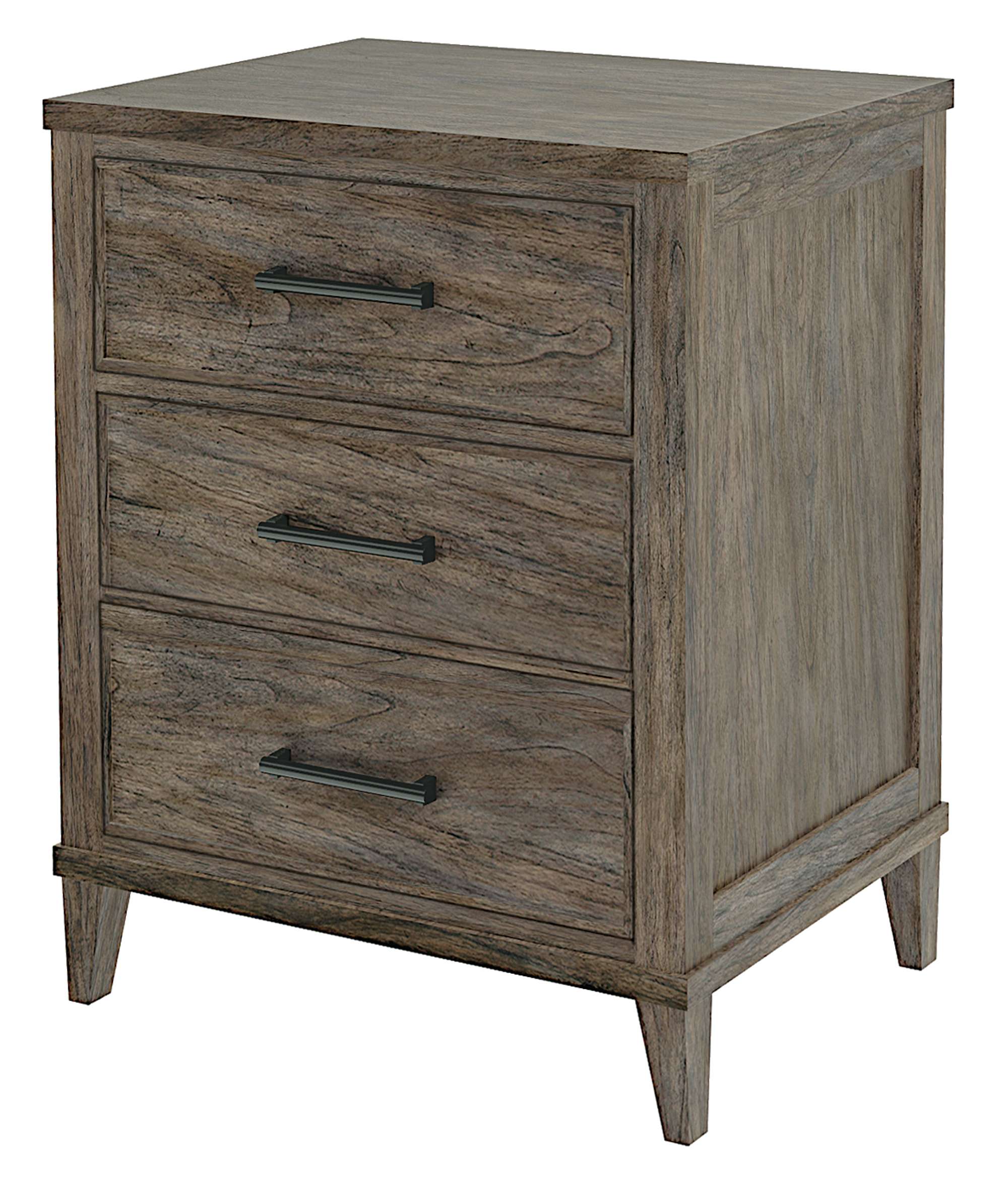 Arlington Heights file cabinet with three drawers, mindi wood veneers, tapered legs, dark antique brass hardware, and rustic finish