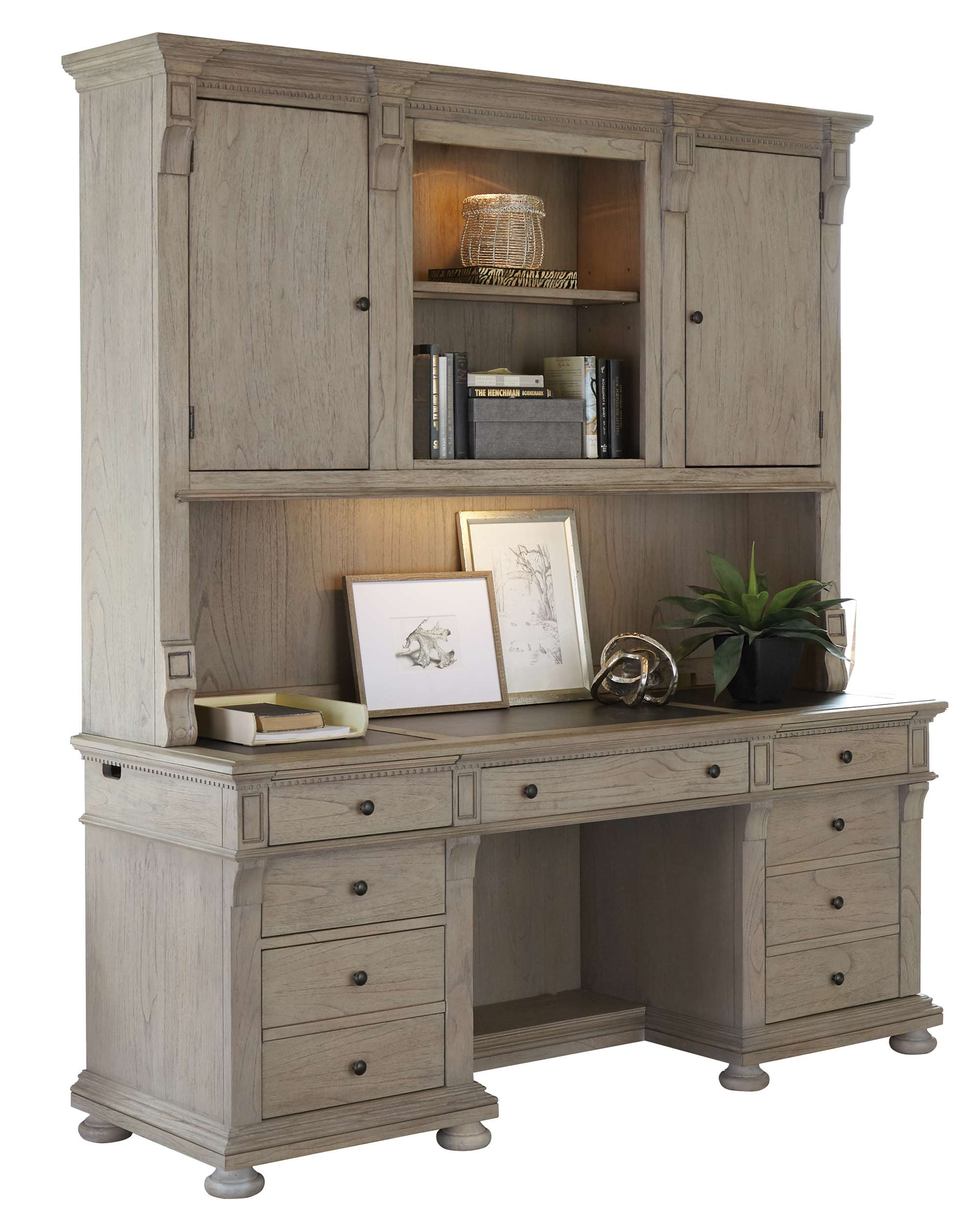 Wellington Estates Office Executive Desk with mindi veneer, task lighting, adjustable shelves, and rustic antique brass hardware