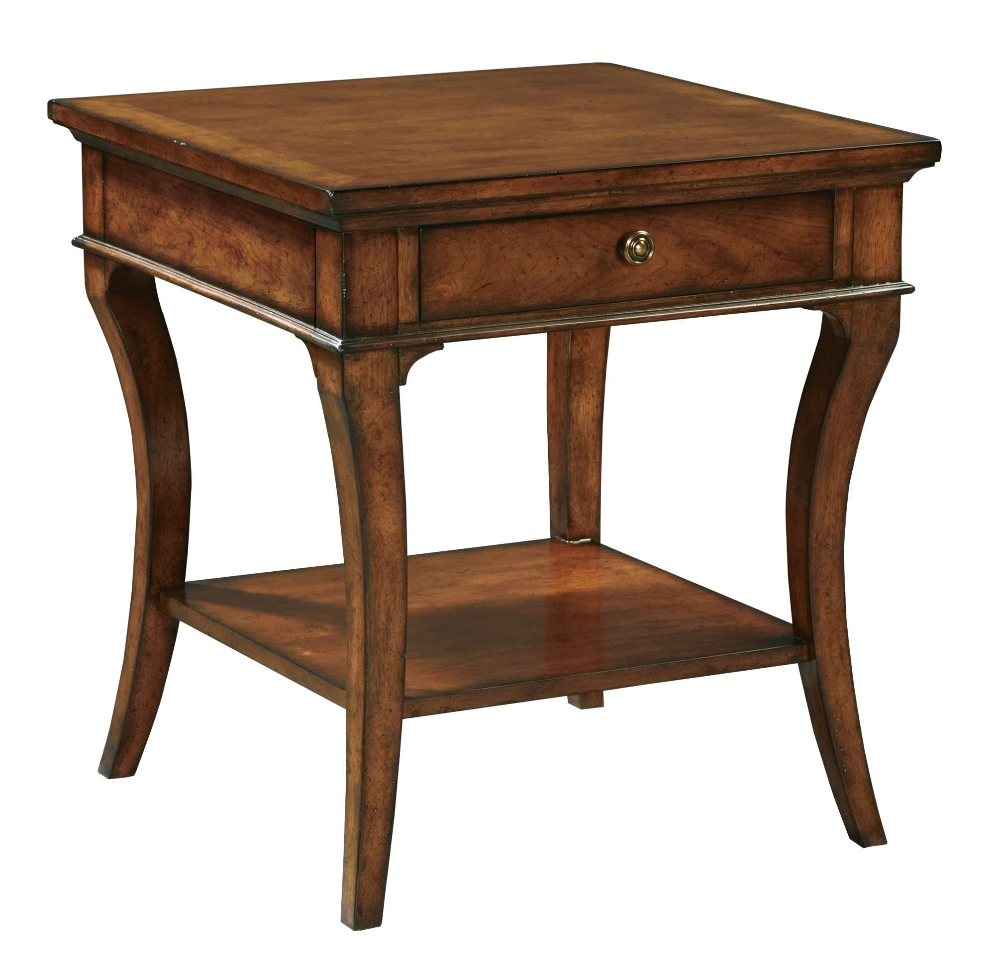 European Legacy end table with rustic American cherry veneers, Macadamia finish, brass hardware, drawer, and lower shelf