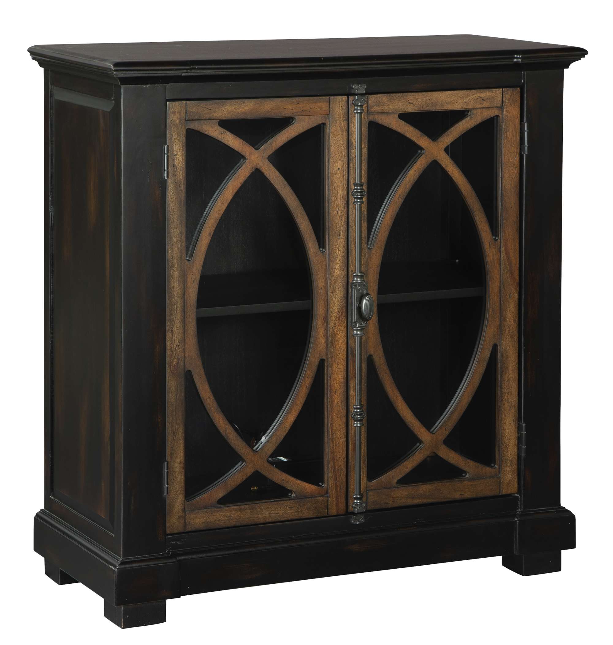 Accent chest with mahogany veneers and solids, two glass doors with wood lattice, antique brass latch, and interior shelves