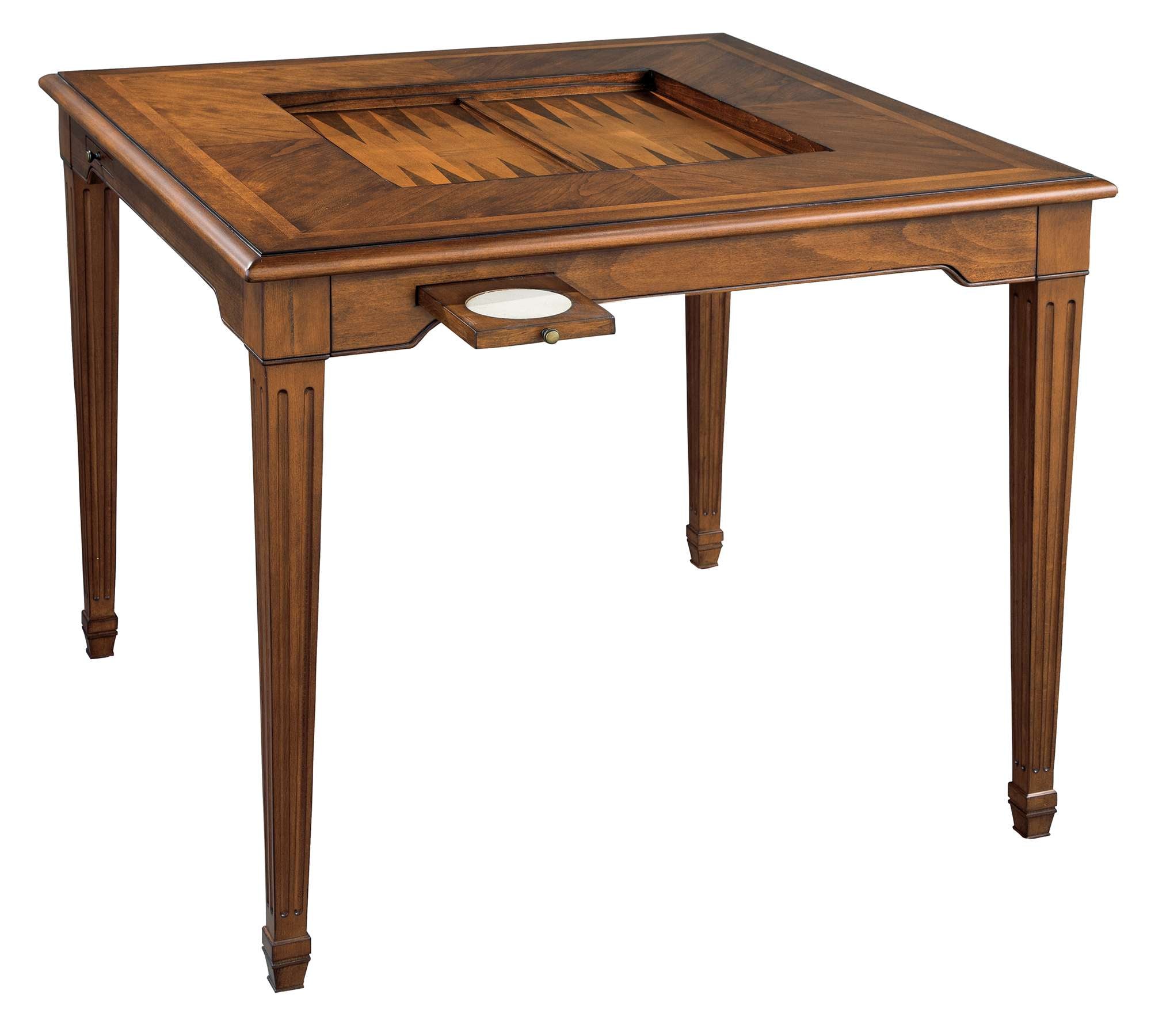 Game table in rogue cherry veneers with cathedral cherry top, inlaid chessboard, and pull-out cup holder drawer